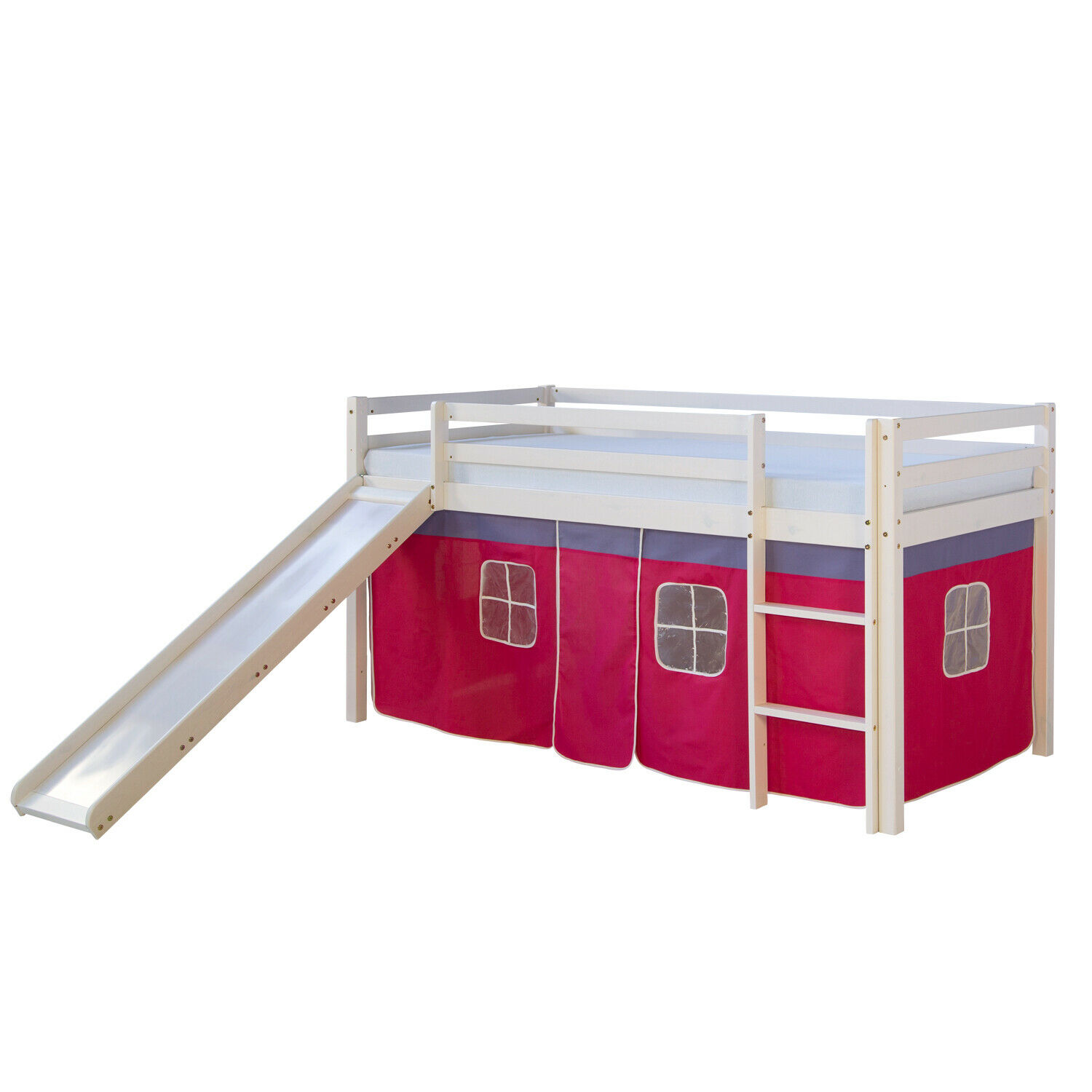 Loft Bed Kids 90x200 cm White with Curtain in Pink | Slide | without Slatted Frame