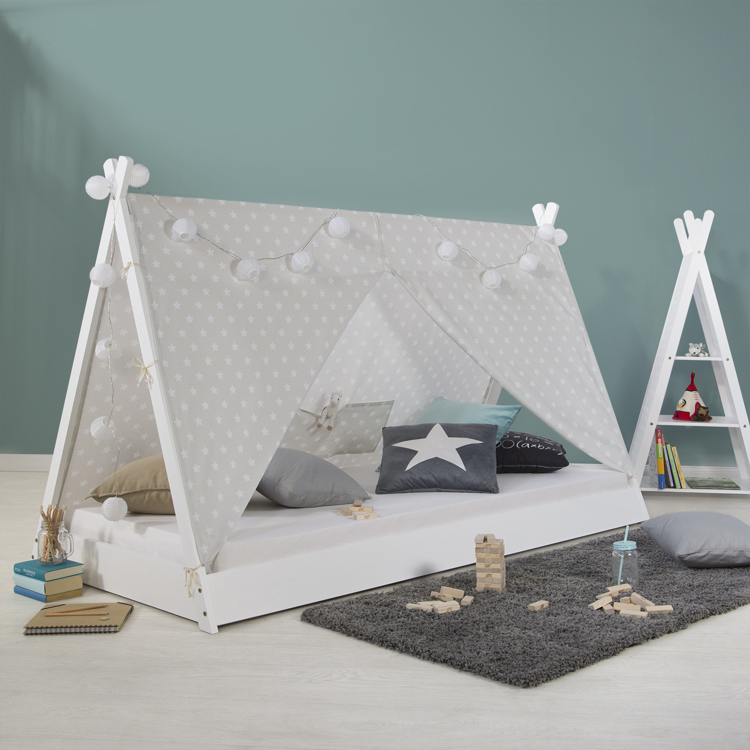 Children's Bed with Mattress TIPI 90x200 Youth Bed White Grey Wooden Bed Kids Room Fabric Bed Drawer