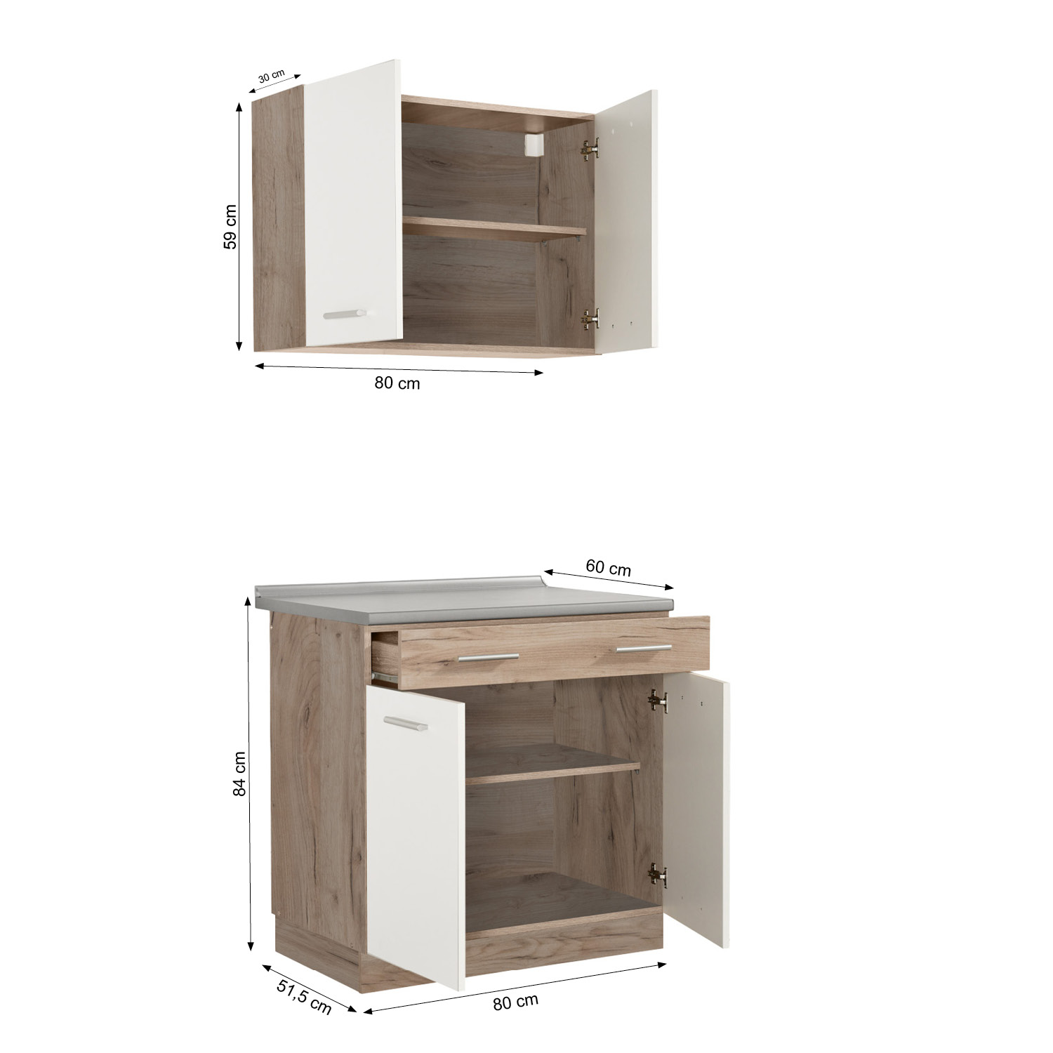 Kleines Küchenelement ohne Geräte 80 cm Weiß matt Eiche Singleküche Miniküche Küchenzeile Küchenschränke