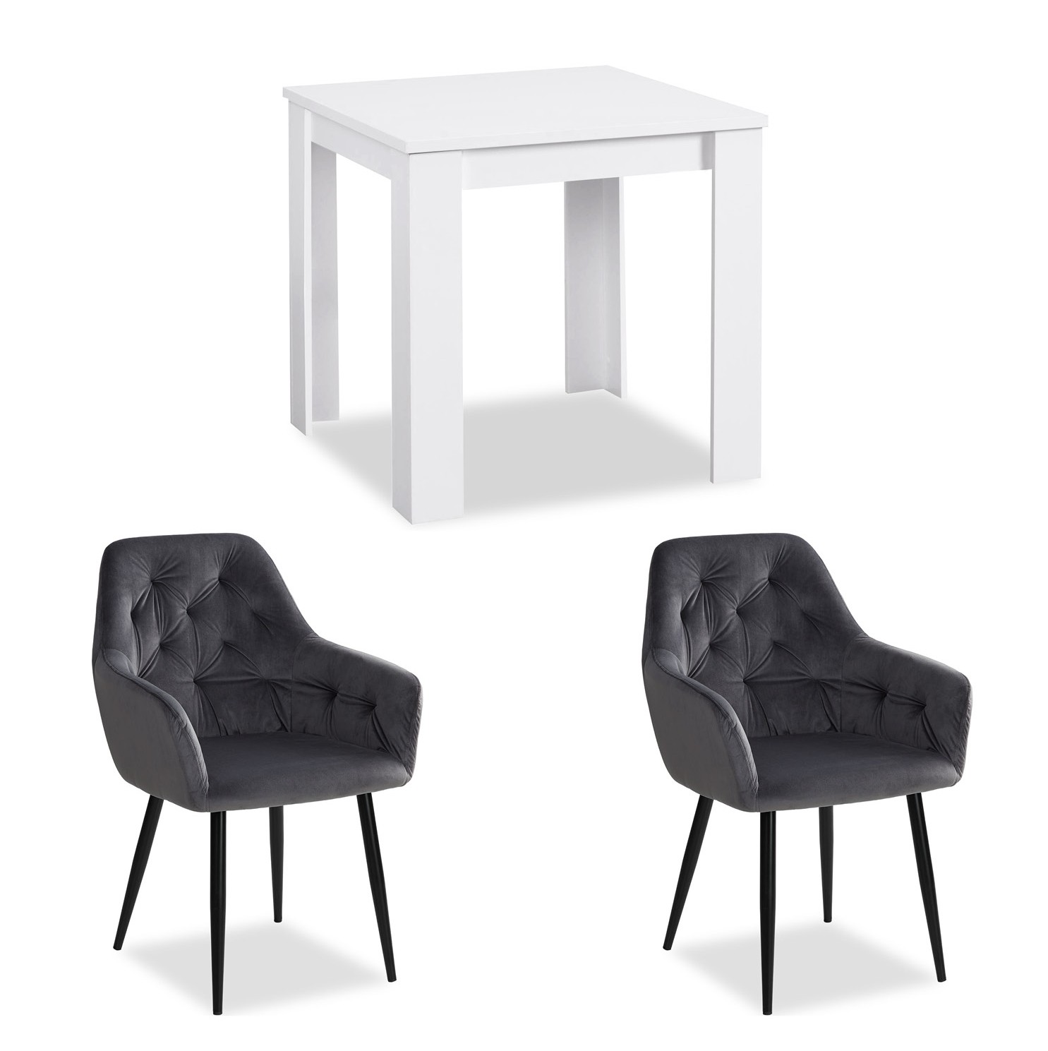 Modern Dining Table White 80x80 cm with 2 Egg Chairs Grey Velvet Dining Room Table Wooden Table