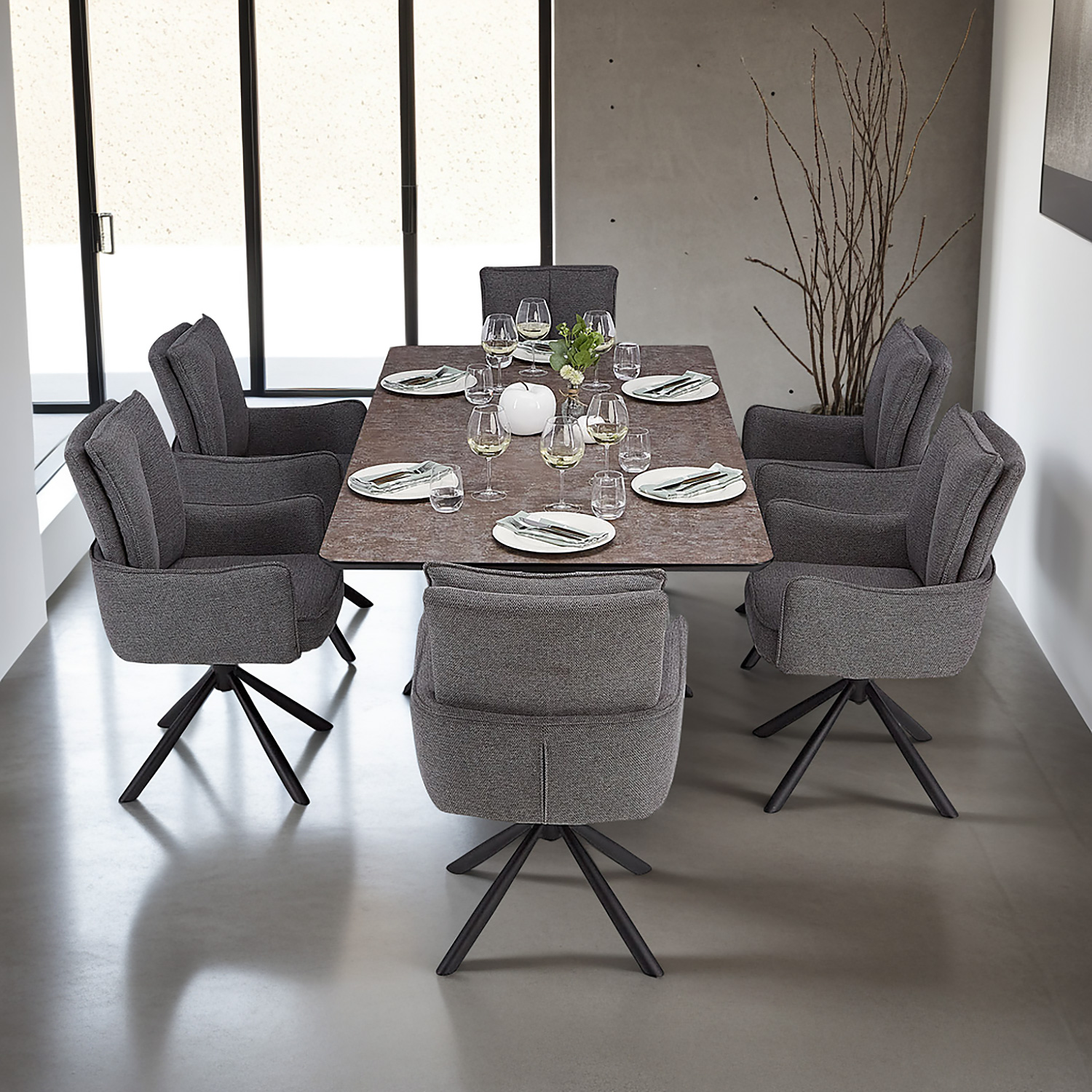 Modern Dining Table 200x100 cm Brown Black with 6 Dark Grey Fabric Chairs Dining Room Table 8 Seater Industrial Look
