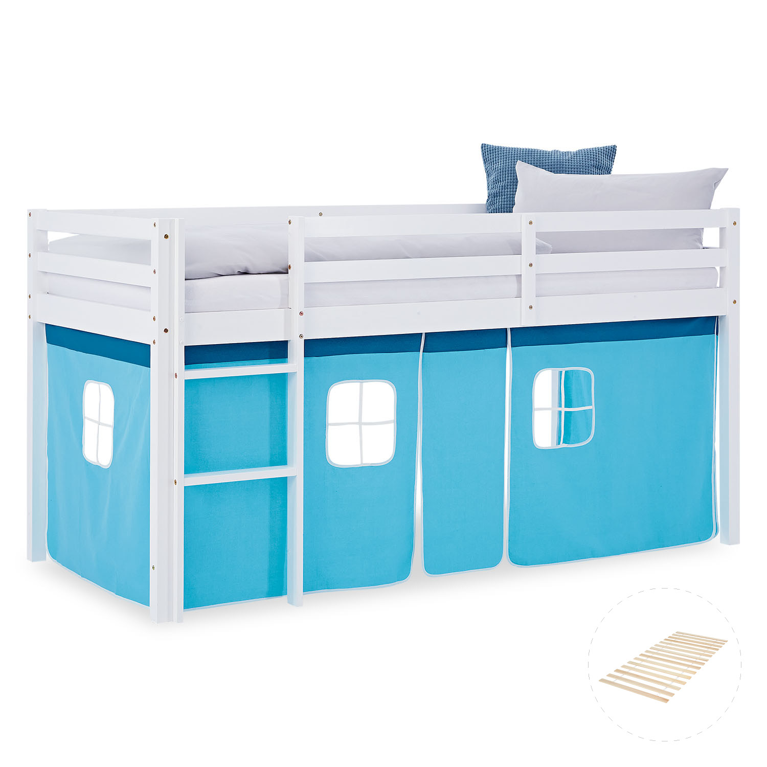 Loft Bed for Kids 90x200 cm White with Curtain in Blue | with Slatted Frame