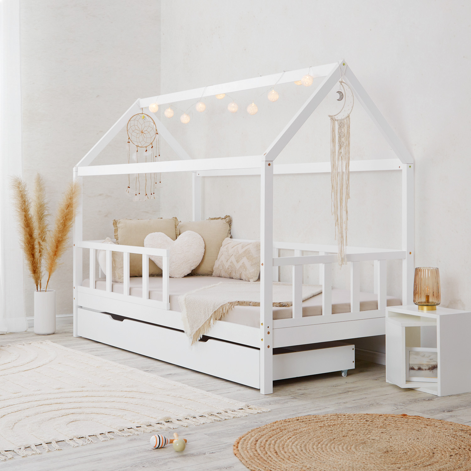 Lit Enfant 90x200 cm Blanc | Lit cabane avec barrière de protection et tiroir de lit | Montessori | Lit simple | avec sommier | Bois