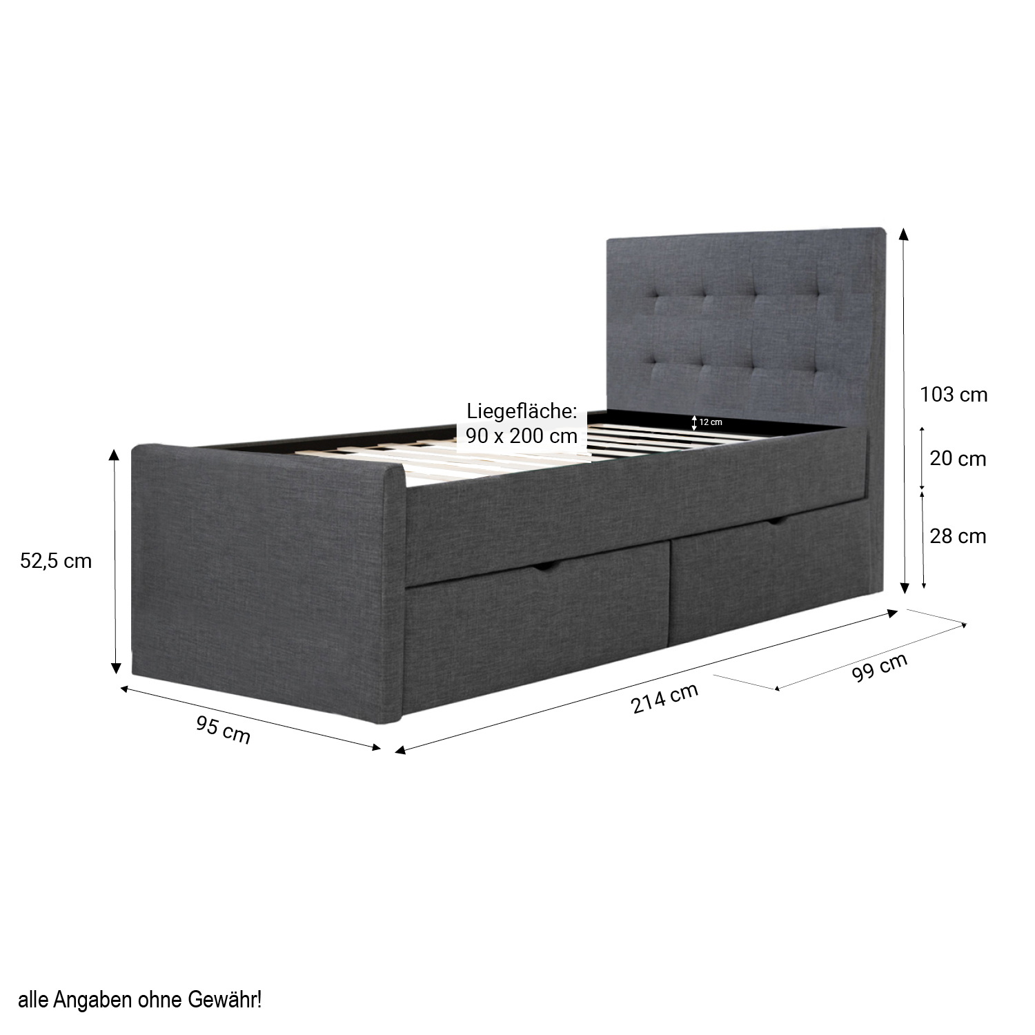 Polsterbett 90x200 mit 2 Bettkästen und Lattenrost Grau Anthrazit Doppelbett Stoffbett Bett Bettgestell