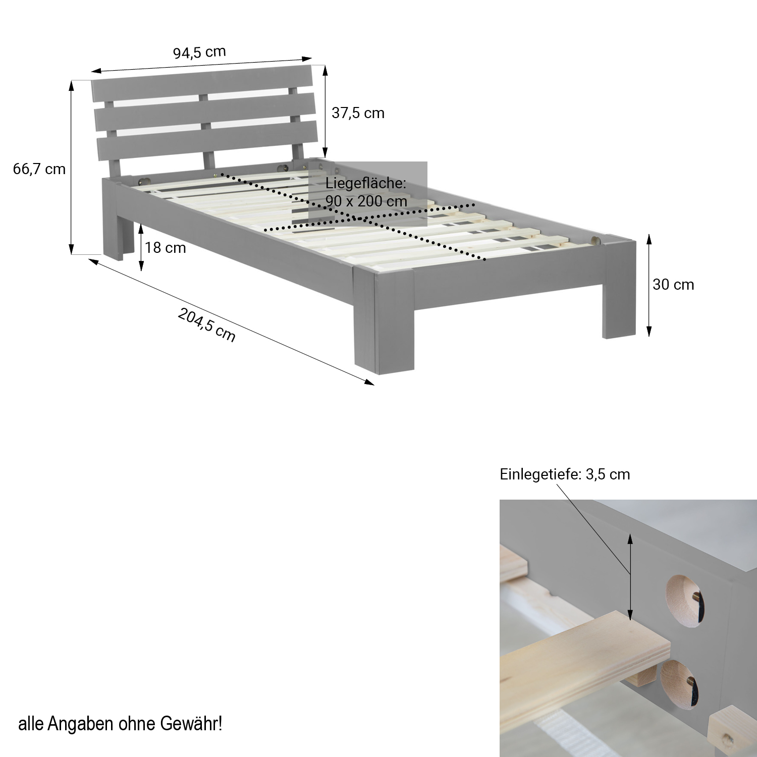 Single Bed Wooden Bed Futon Bed 90x200 Grey Pine Bed Frame Solid Wood