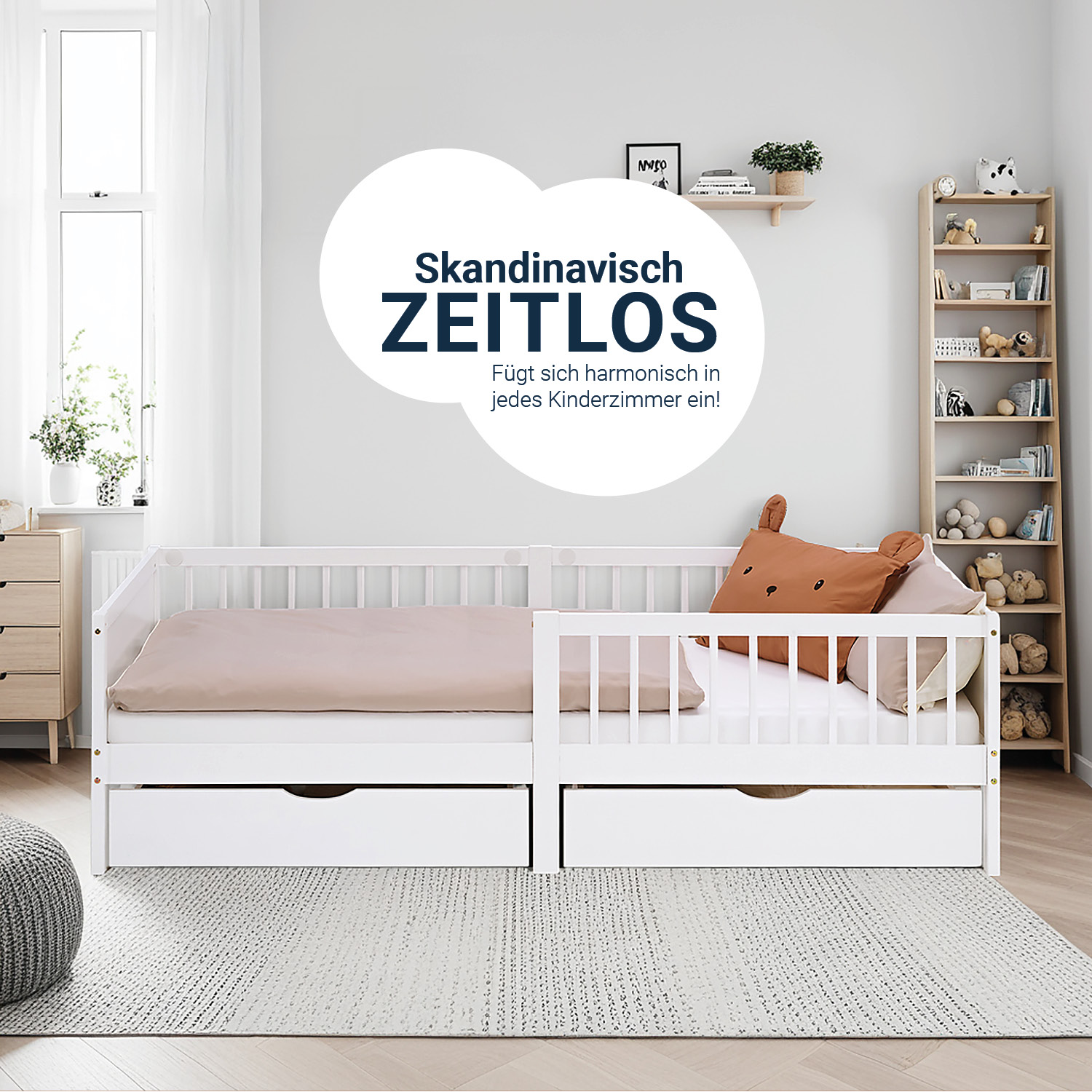 Kinderbett 90x200 cm 2 Bettkästen Rausfallschutz Weiß Grün Holzbett Einzelbett Gitterbett Holzbettrahmen Matratze