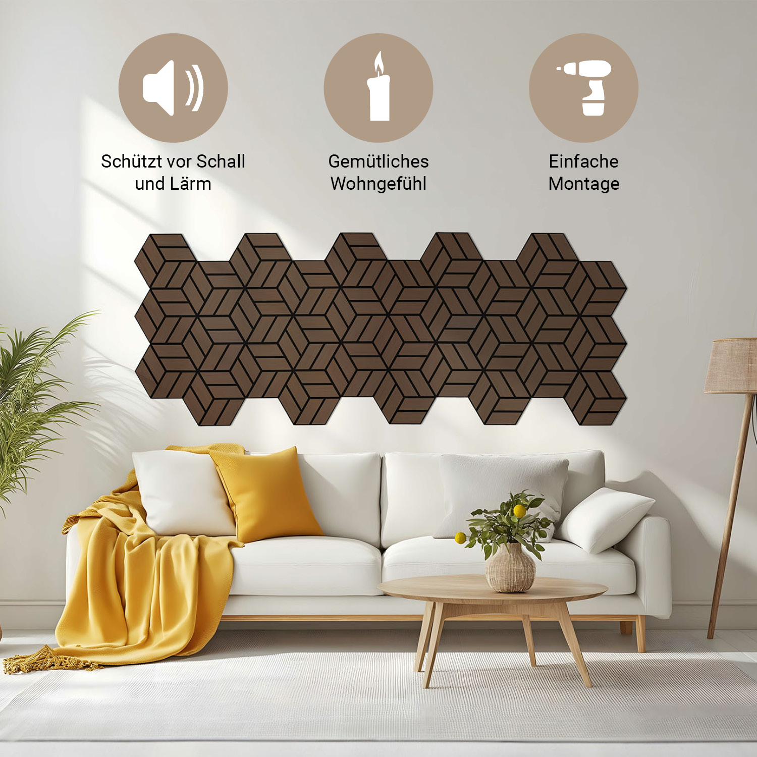 Acoustic Panels Wall Panels Hexagon Honeycomb 30 x 26 cm Brown Walnut | Wood | 4-piece Set | 3D Acoustic Panels Wall Panels Hexagon Honeycomb 30 x 26 cm Brown Walnut | Wood | 20-piece Set | 3D