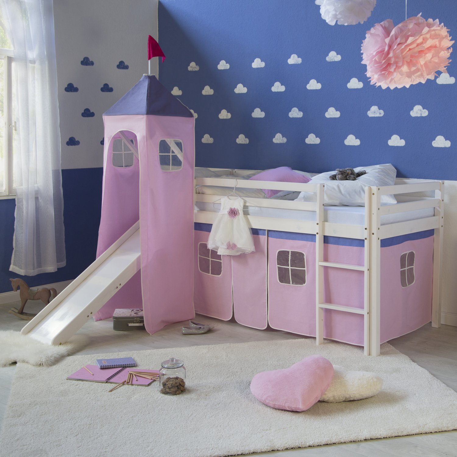 Loft Bed Kids 90x200 cm White with Curtain in Pink | Tower | Slide | without Slatted Frame