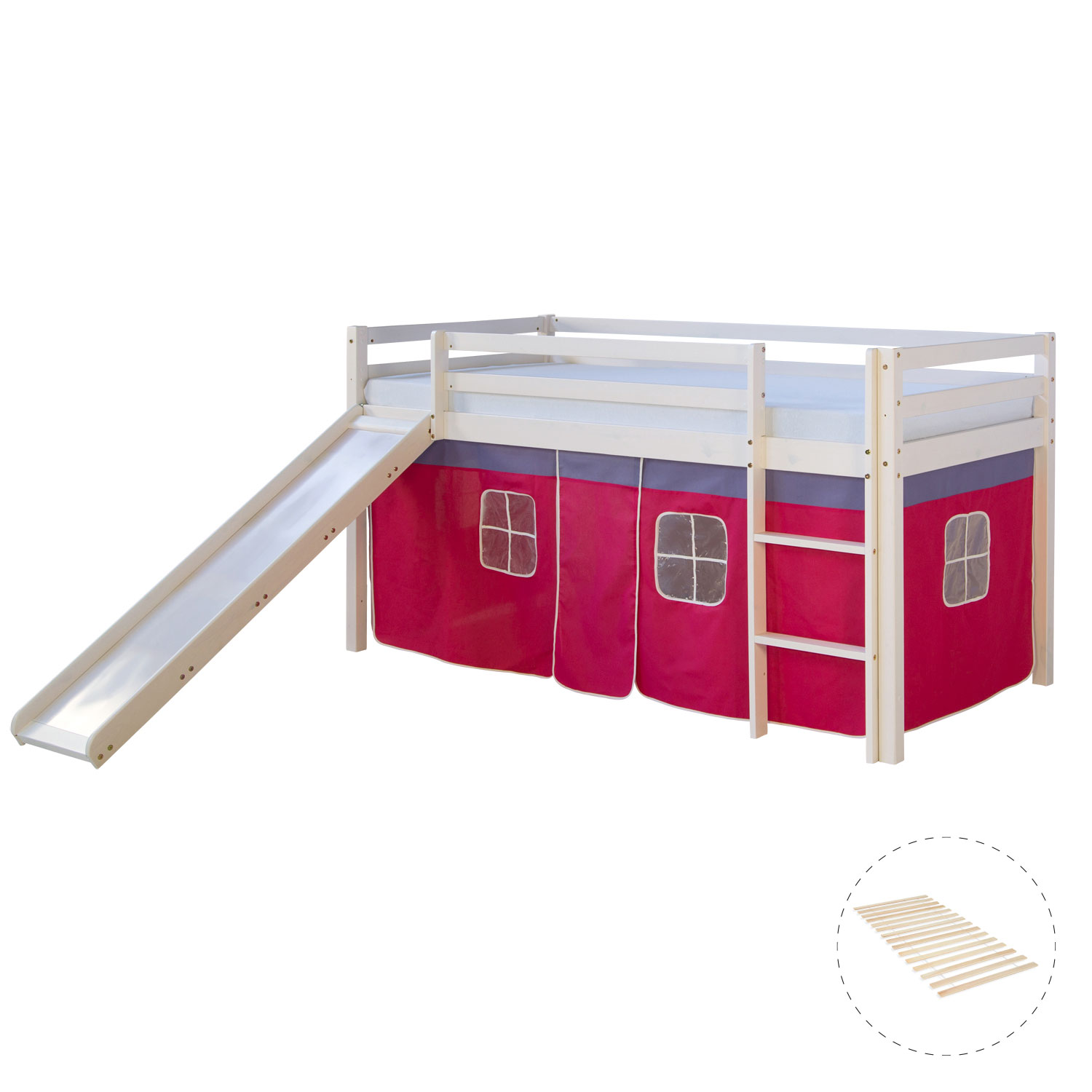 Loft Bed Kids 90x200 cm White with Curtain in Pink | Slide | with Slatted Frame