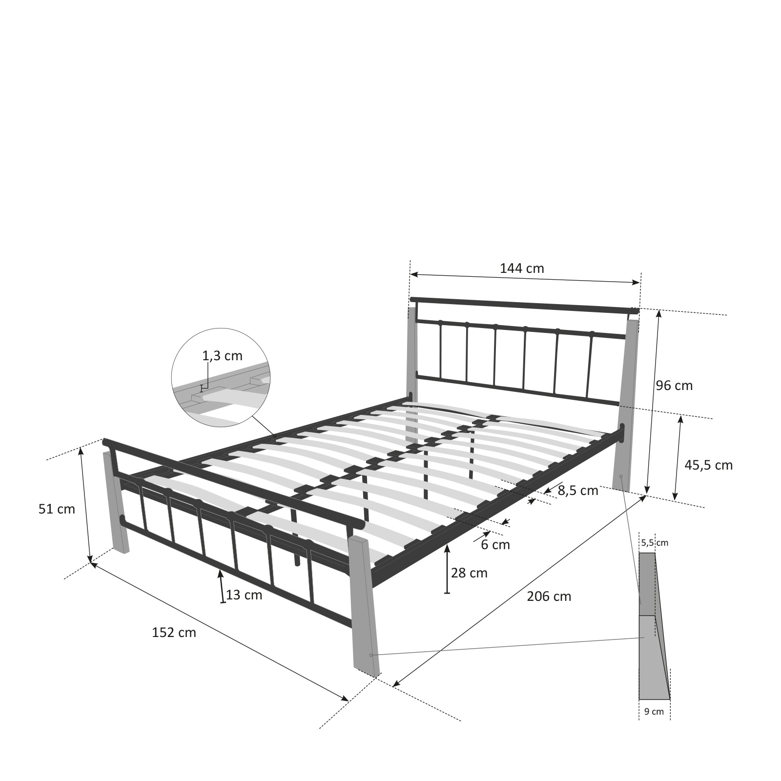 design metal lit double 140 x 200 cadre de lit lattes bois