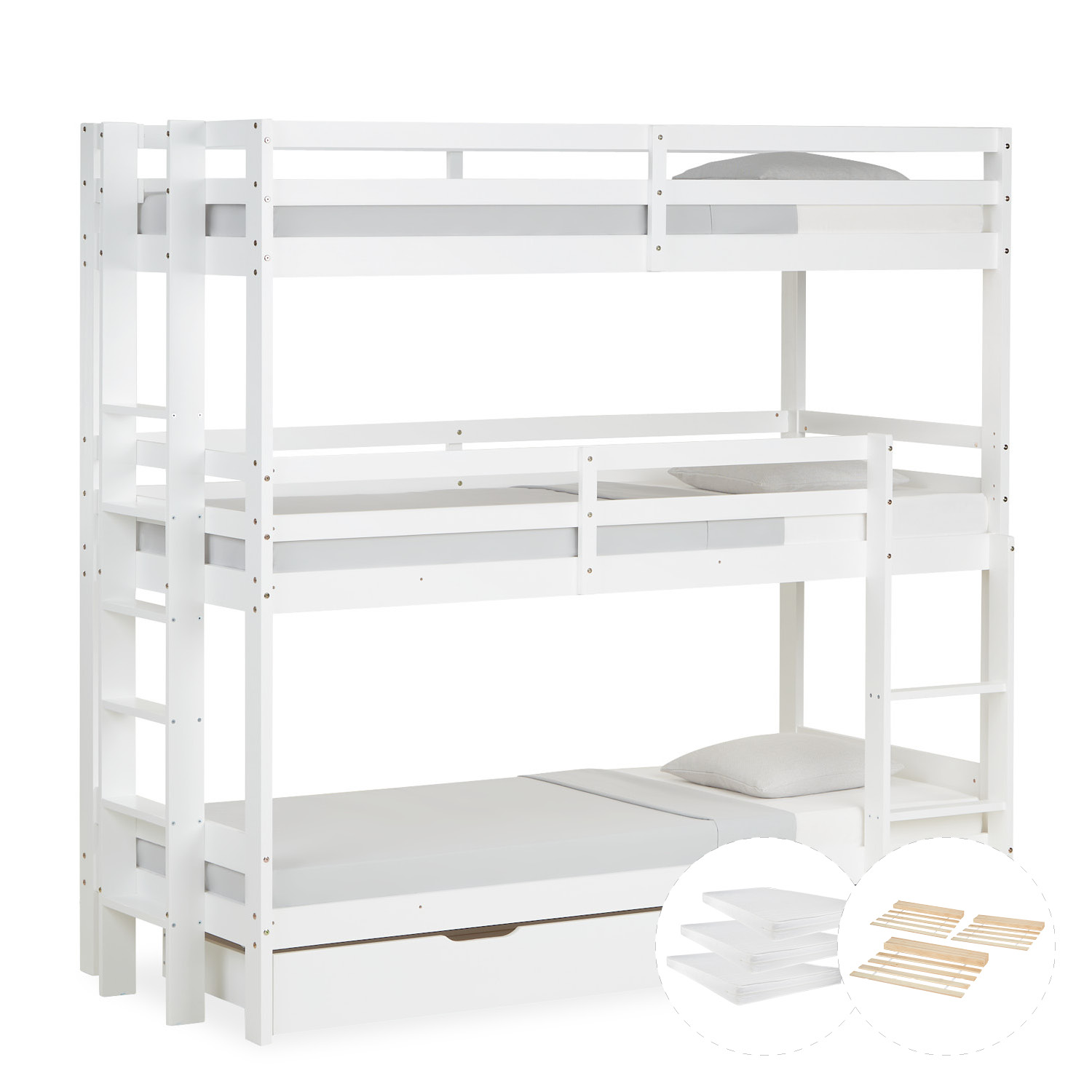 Triple Bunk Bed 90x200 with Mattresses Children´s Bed High Sleeper Cot White Wood Loft Bed Kids Bed