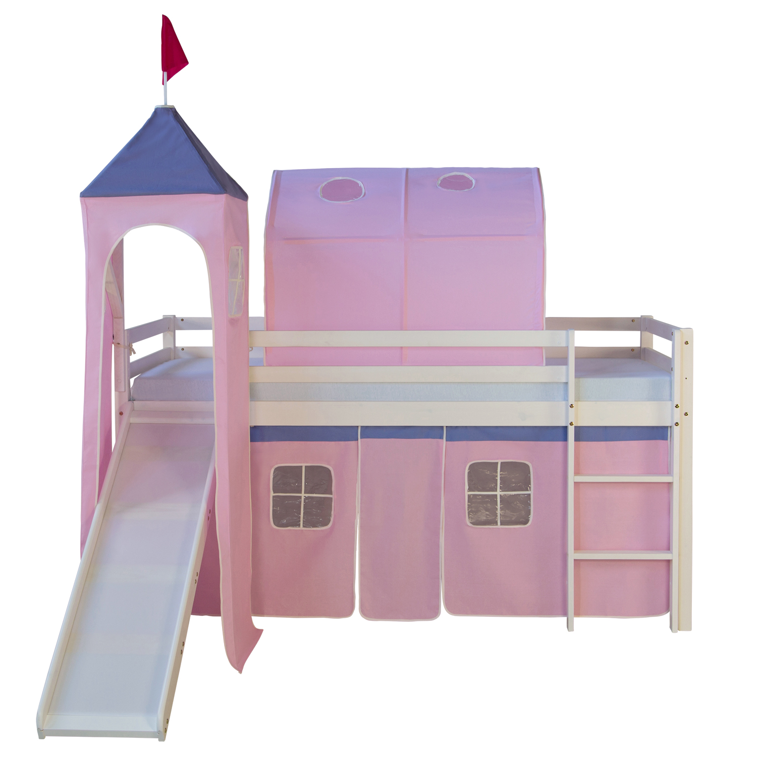 Loft Bed Kids 90x200 cm White with Curtain Pink | Tunnel | Tower | Slide | without Slatted Frame