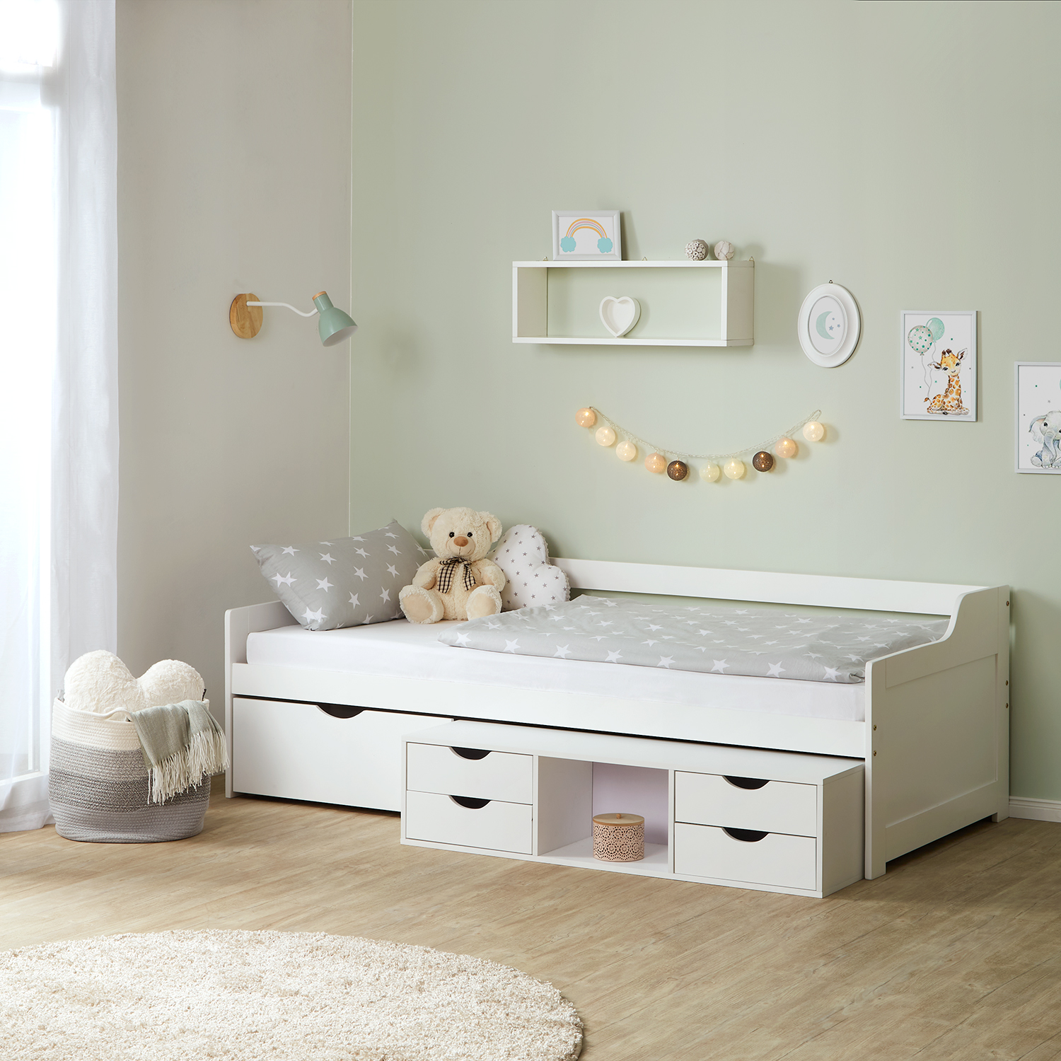 Wood Bed 90x200 cm White | with Storage | Cabin Bed with Bed Drawer | with Slatted Frame | Kids Youth Guest Bedroom