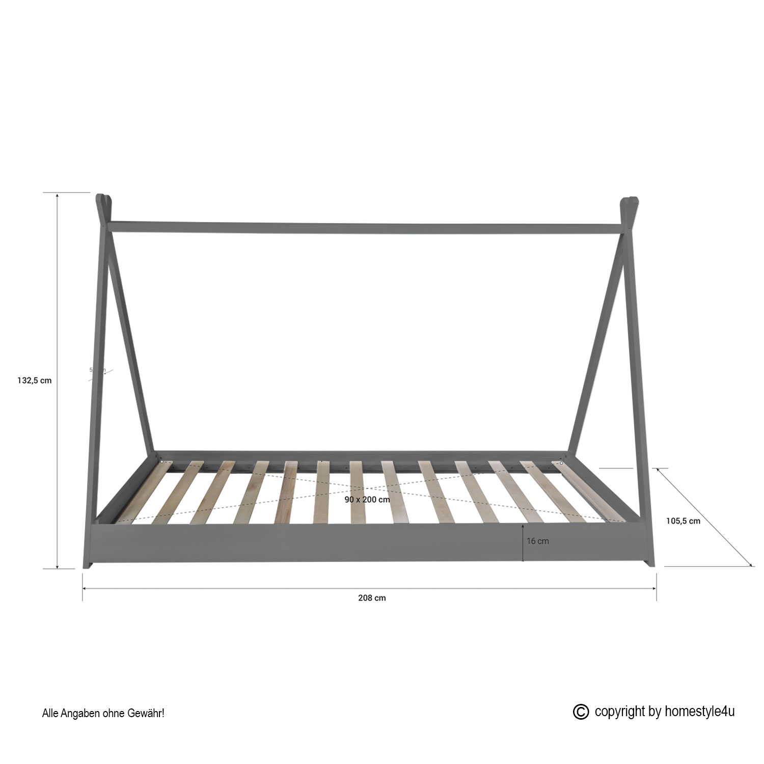 Children's Bed 90x200 cm Gray Gray Fabric | Tent Bed | Single Bed | with Slatted Frame | Wood