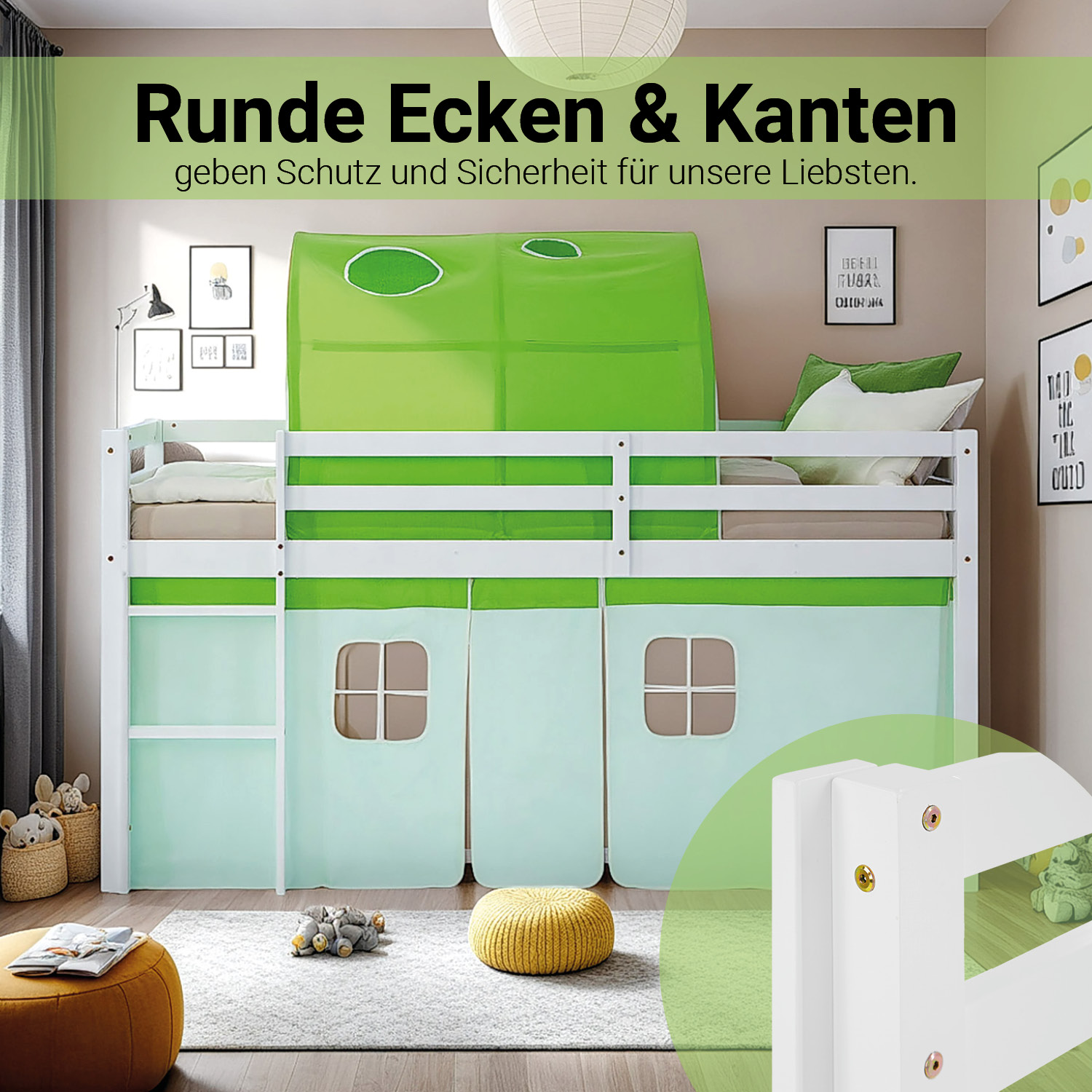 Loft Bed for Kids 90x200 cm White with Curtain in Green | Tunnel | with Slatted Frame and Mattress