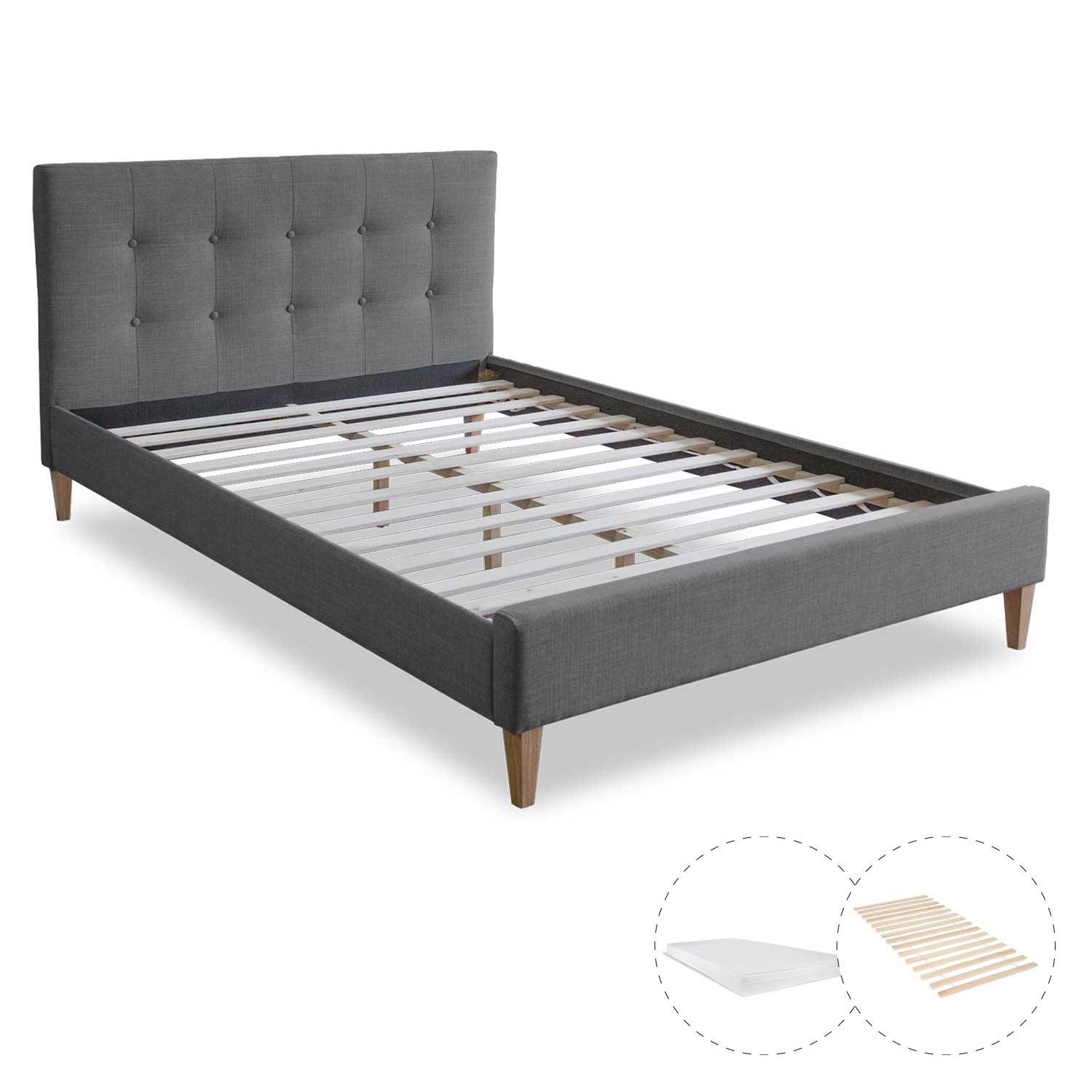 Lit rembourré avec matelas 120x200 Sommier à lattes Lit double en tissu Cadre de lit Lit gris