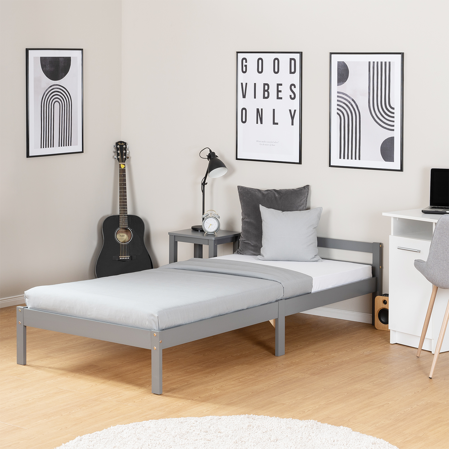 Lit Palette 90x200 cm Gris | Lit Simple | avec Sommier | Bois | Chambre Enfant, Adolescent, Invité