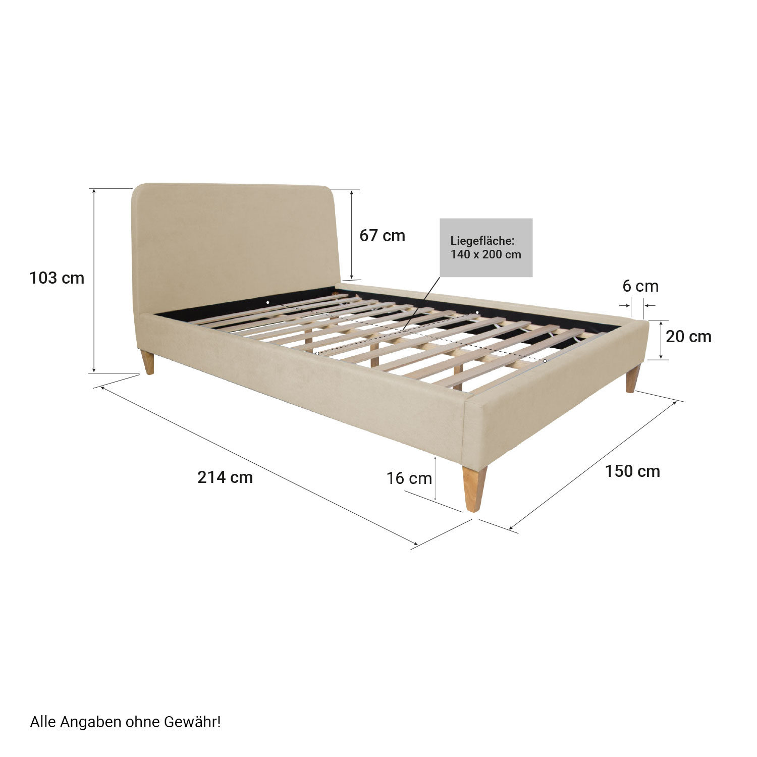 Polsterbett Doppelbett 140x200 Stoffbett Bettgestell Bett Beige