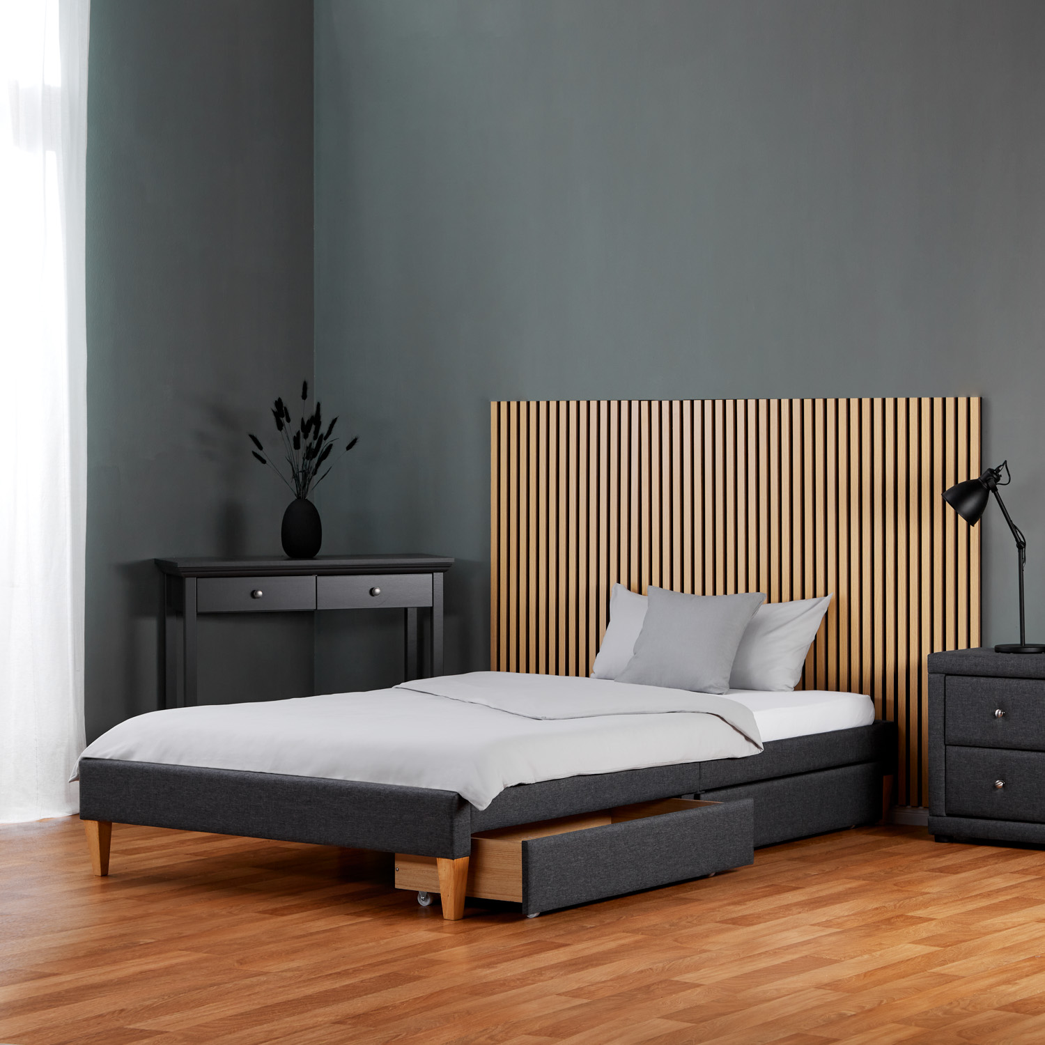 Upholstered bed 140x200 cm grey | futon bed | with slatted frame | with mattress | with 2 bed drawers | double fabric bed frame