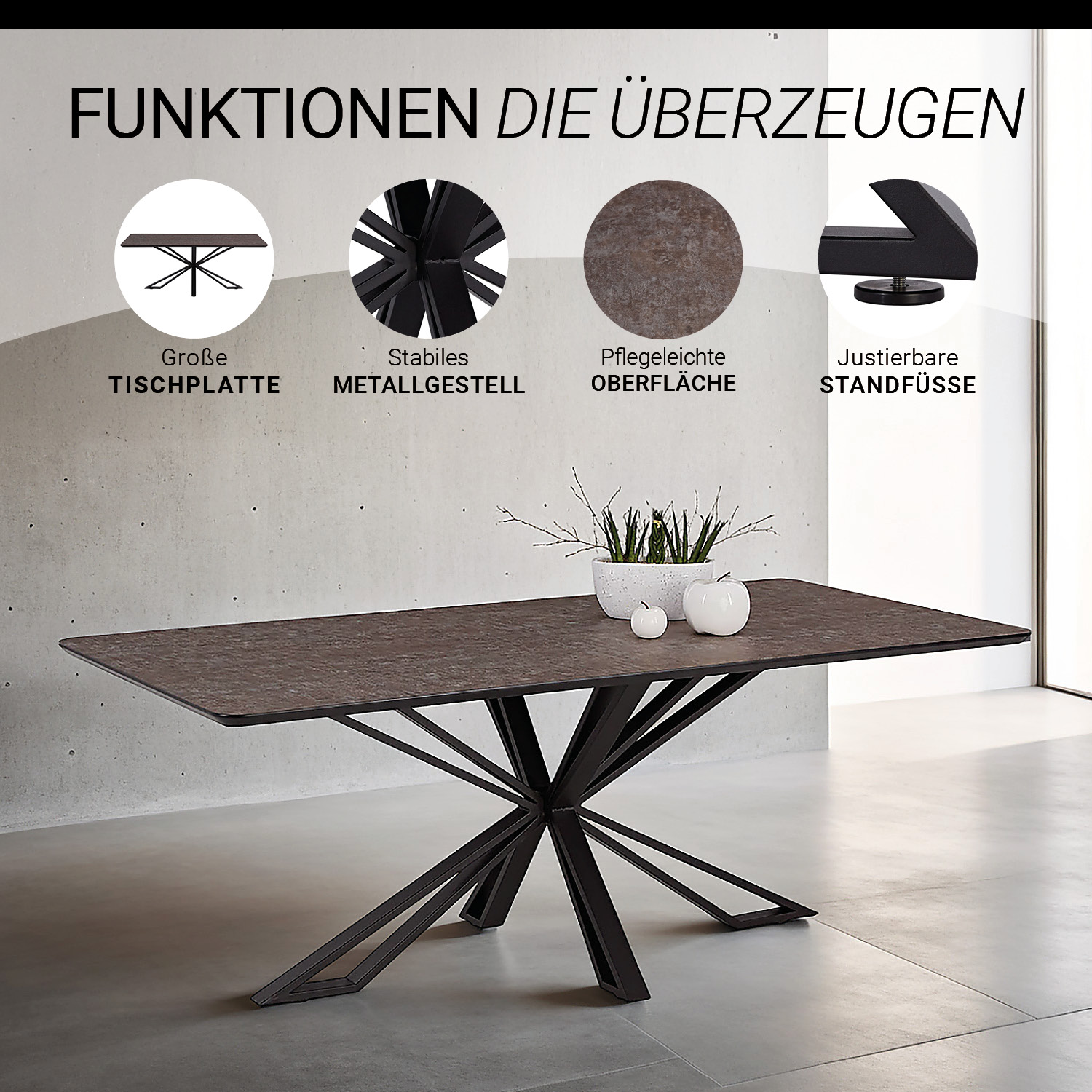 Esstisch mit 4 oder 6 Stühlen Set Essgruppe Polsterstühle Drehbar Bouclé Leder Braun Beige Esszimmertisch 200x100 cm