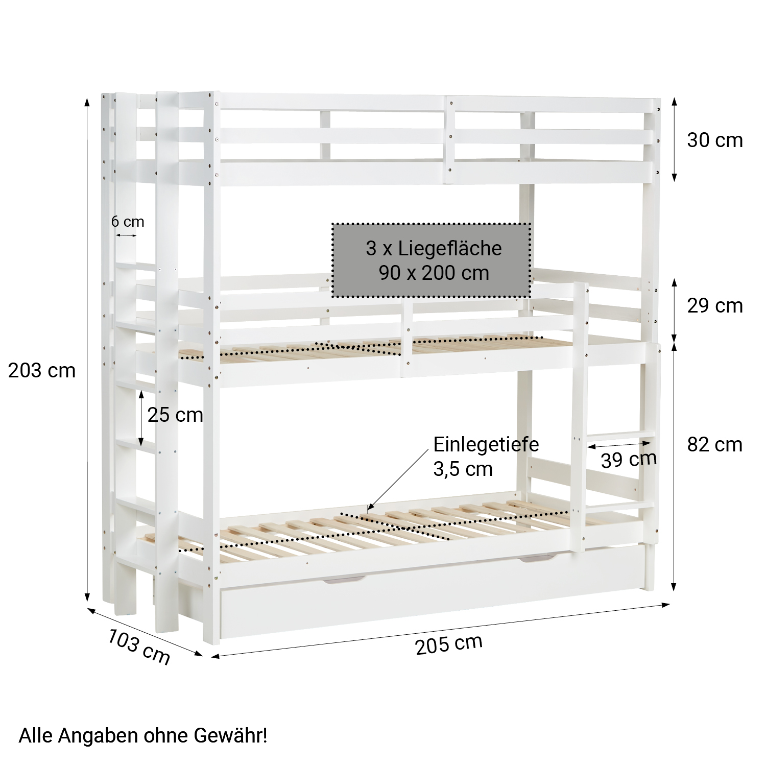 Bunk Bed 3 Levels 90x200 cm White | Ladders White | with Slatted Frame | with Bed Drawer