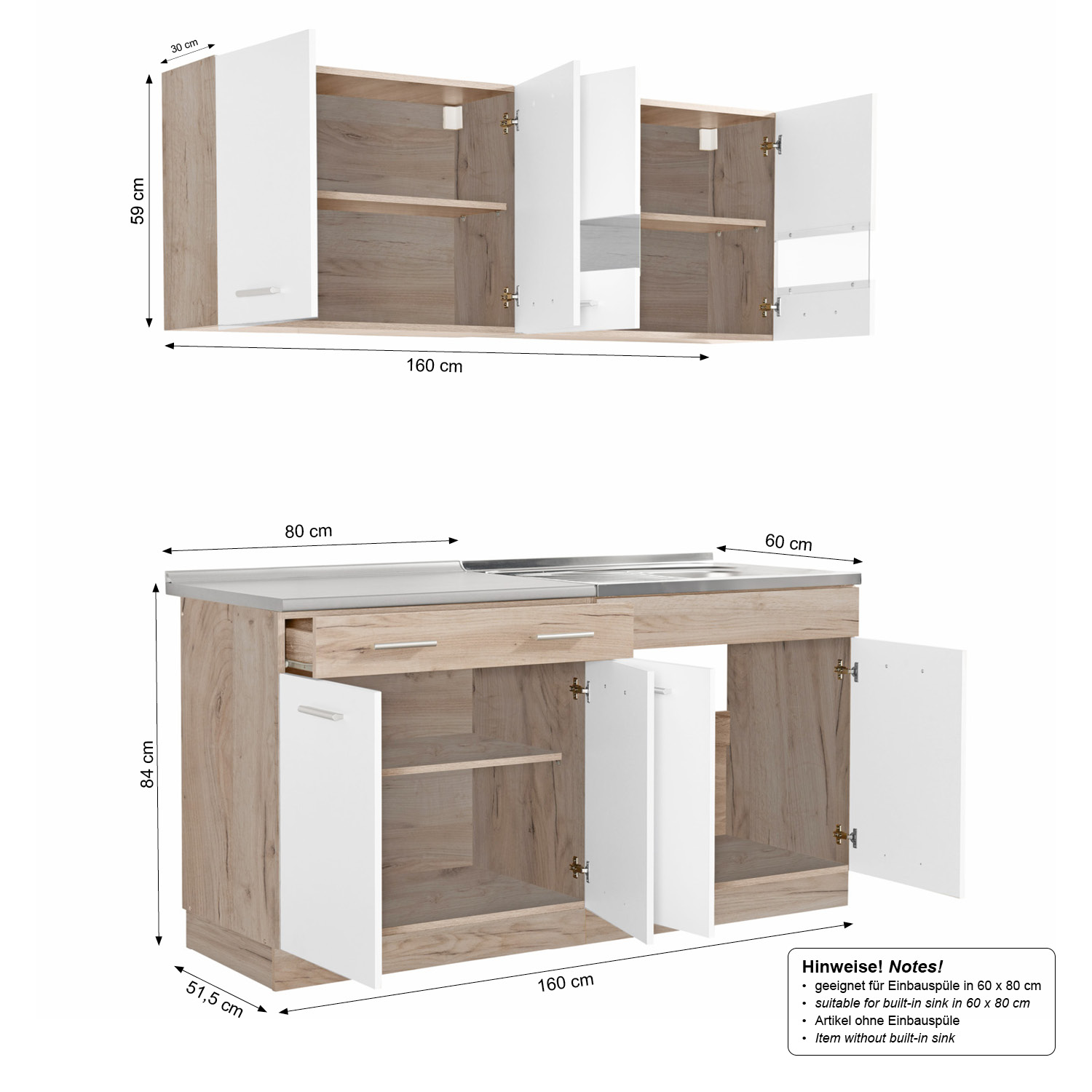 Kitchen Unit without Appliances 160 cm White | Oak | Single Kitchen | Mini Kitchen | Kitchen Element