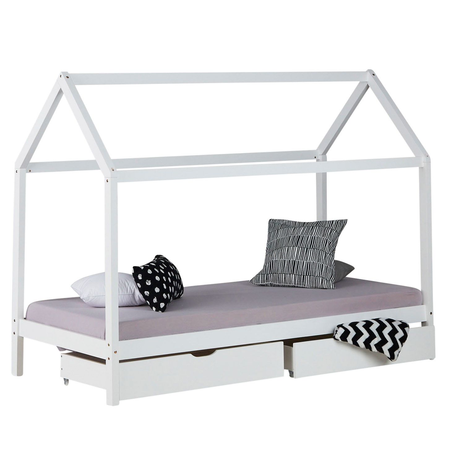 Cot House Bed Grey White Bed Frame 90x200 cm with 2 Drawers Cot Children's House White Grey Play Bed Wooden Bed 90 x 200 cm with Mattress Slatted Frame