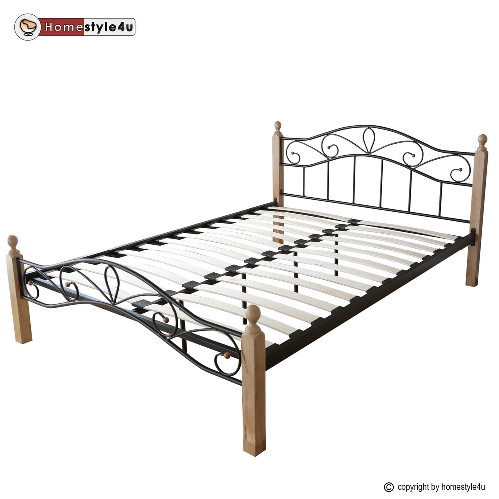 Metal Bed Iron Bed Double 160 x 200 Wood Slatted black natural bed frame 920