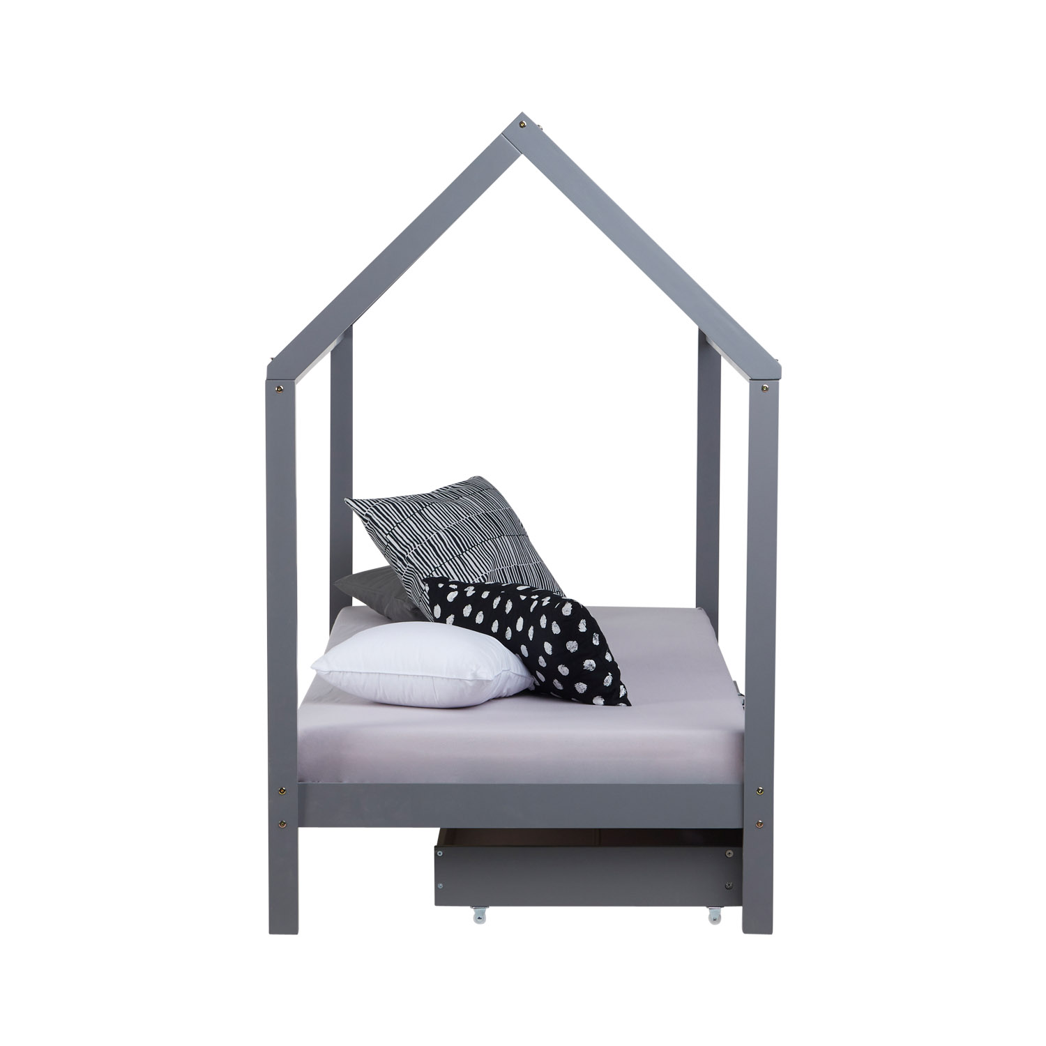 Lit Enfant 90x200 cm Gris | Lit Cabane avec Tiroirs | Lit Simple | avec Sommier | Bois