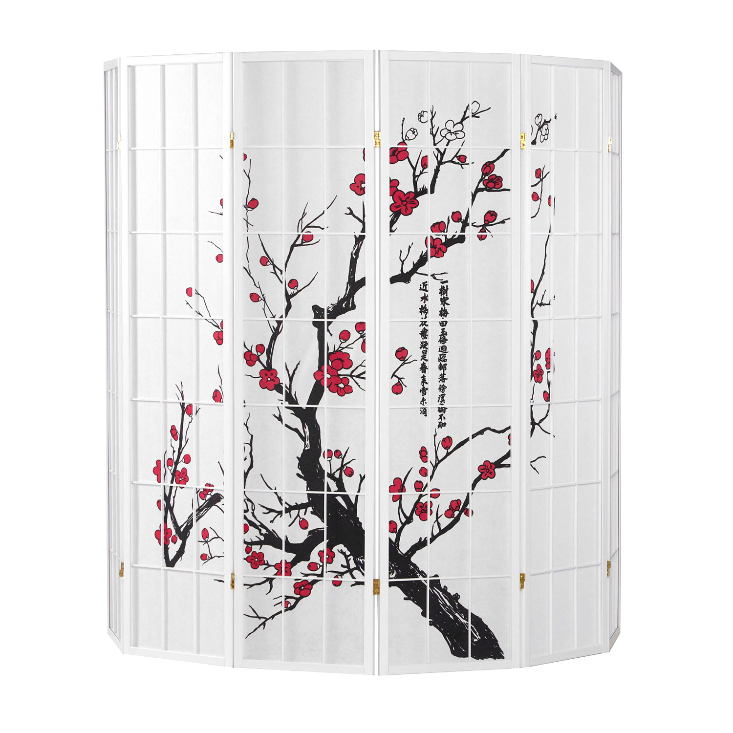 Screen room divider, 6 parts, wood rice paper white, cherry pattern, height 179 cm