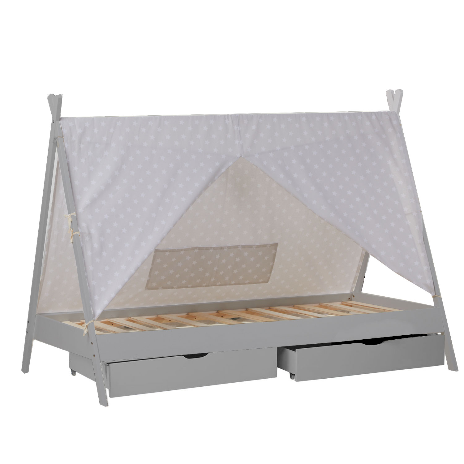 Children's Bed 90x200 cm Gray Gray Fabric | Tent Bed with Drawers | Single Bed | with Slatted Frame | Wood