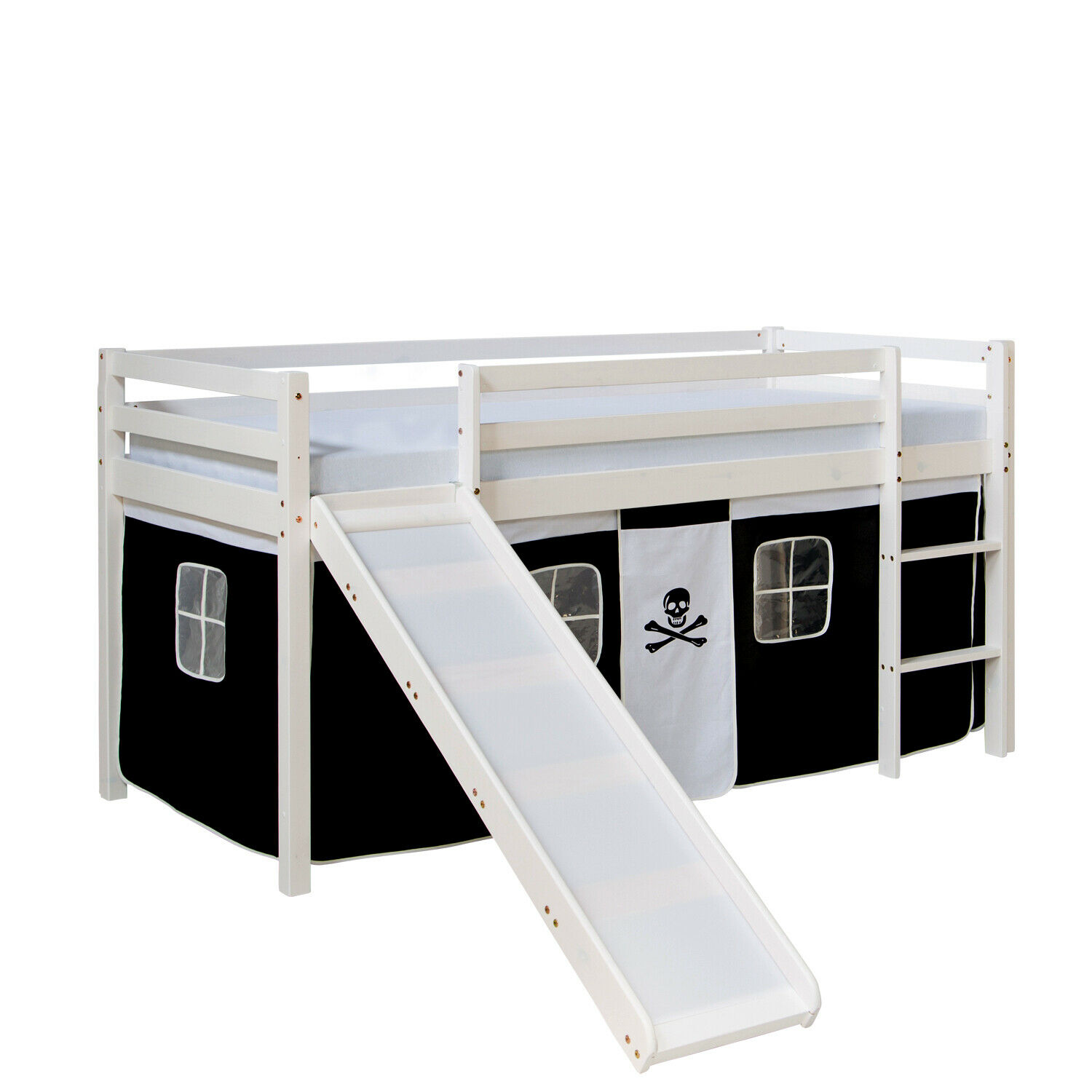Loft Bed Kids 90x200 cm White with Curtain in Black | Slide | without Slatted Frame Loft Bed Kids 90x200 cm White with Curtain in Black | Slide | without Slatted Frame