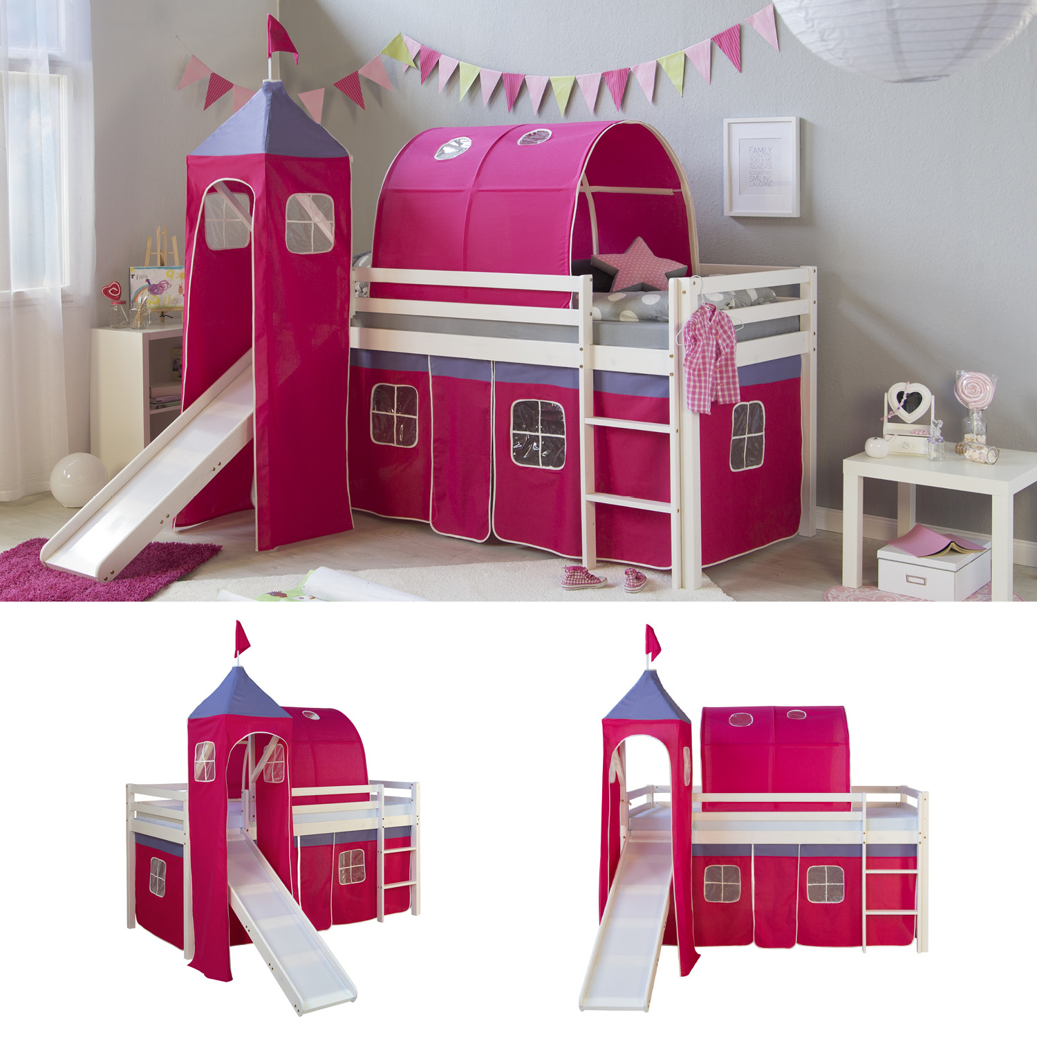 Lit Mezzanine Enfant 90x200 cm Blanc avec Rideau Rose | Tunnel | Tour | Toboggan | sans Sommier