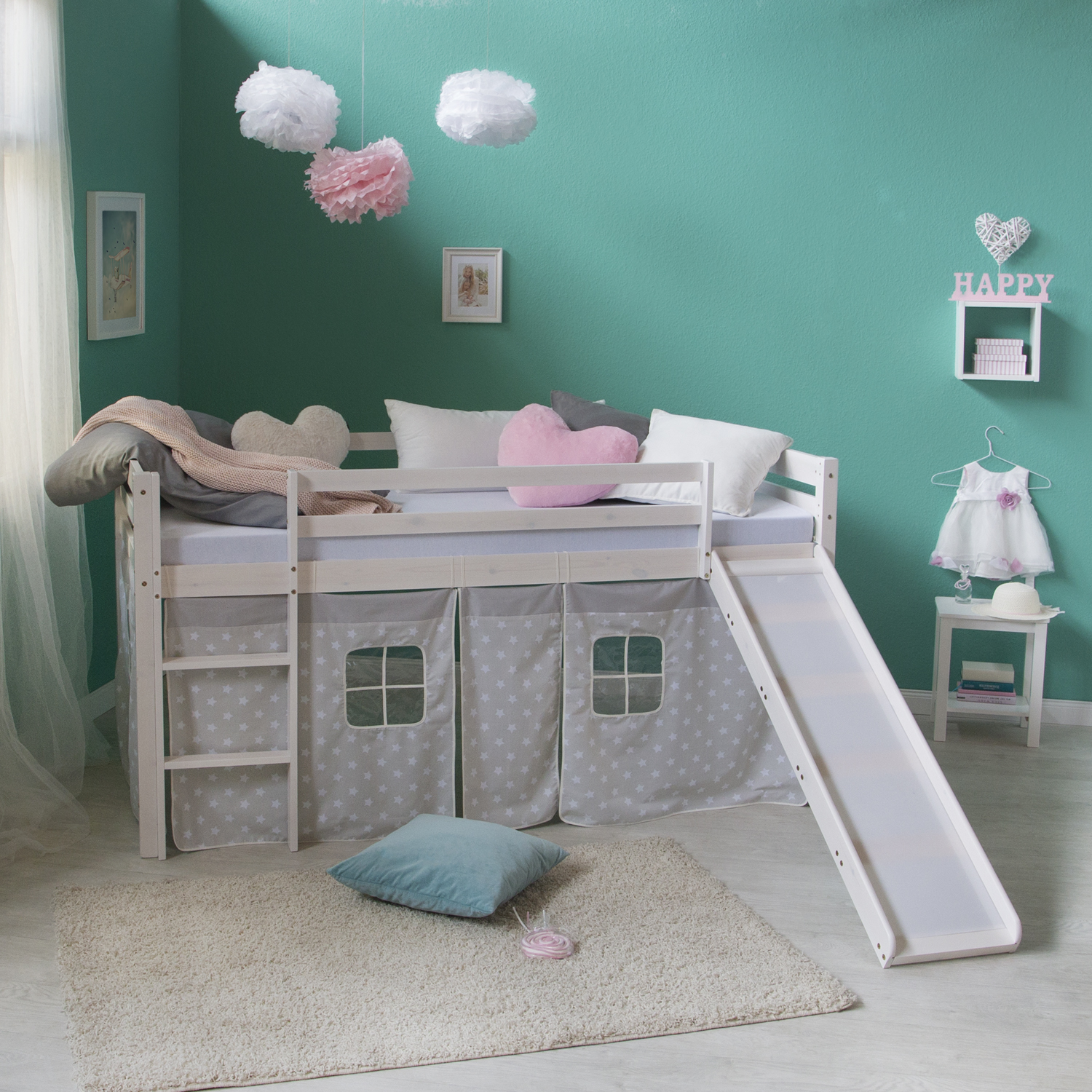 Loft Bed Kids 90x200 cm White with Curtain Stars | Slide | without Slatted Frame