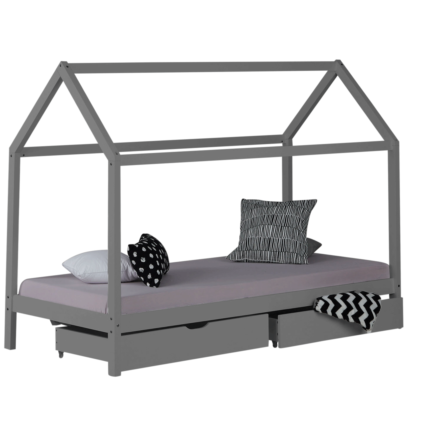 Lit Enfant 90x200 cm Gris | Lit Cabane avec Tiroirs | Lit Simple | avec Sommier | Bois