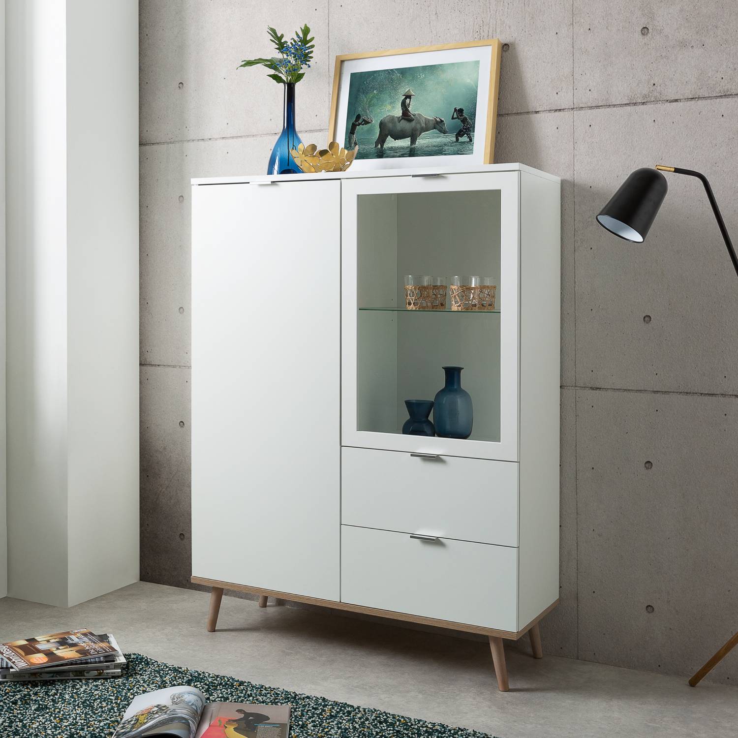 Highboard Kommode mit Schubladen Sideboard Weiß Holz Anrichte Wohnzimmerschrank