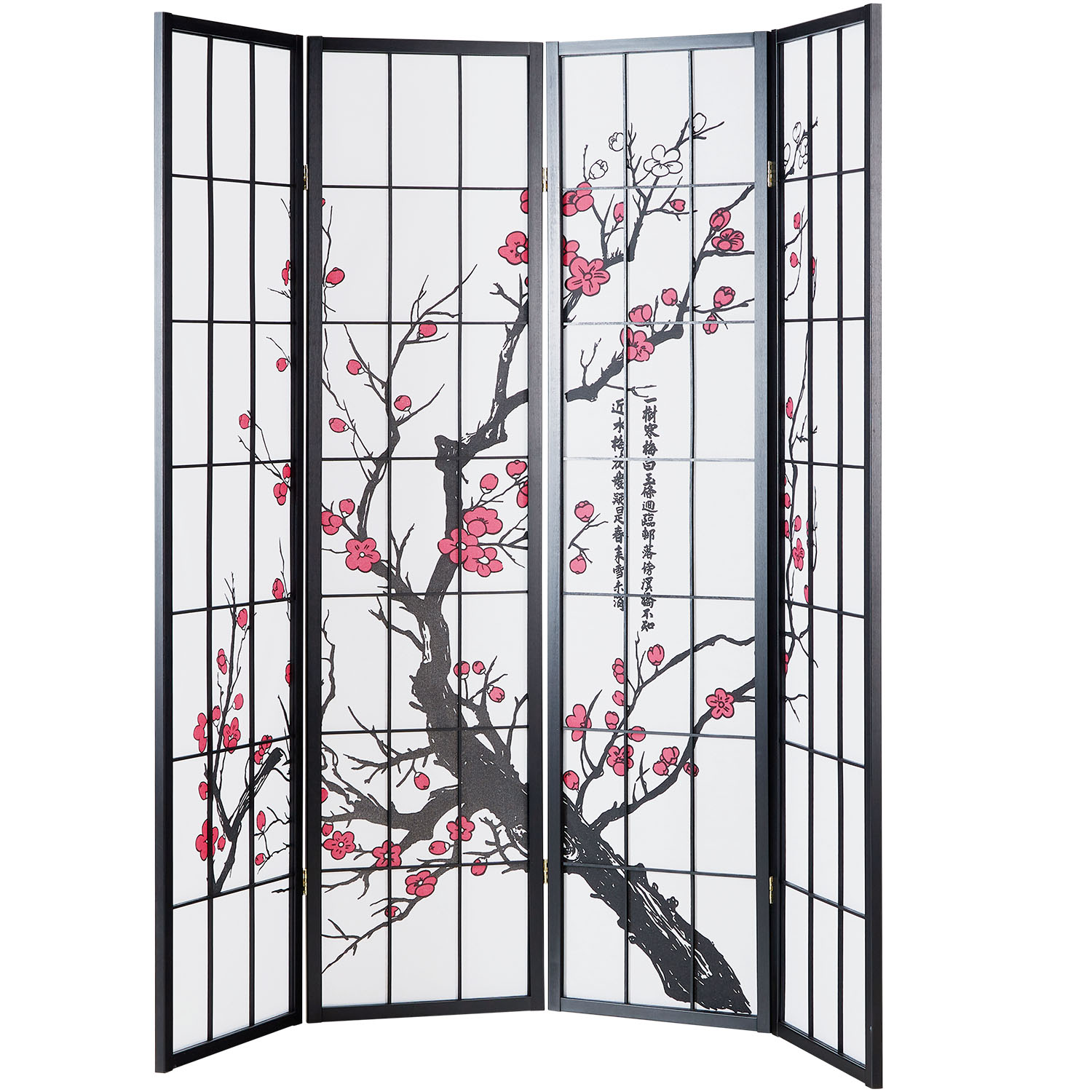 Paravent room divider 4 parts, wood black, rice paper white, cherry pattern, height 179 cm					