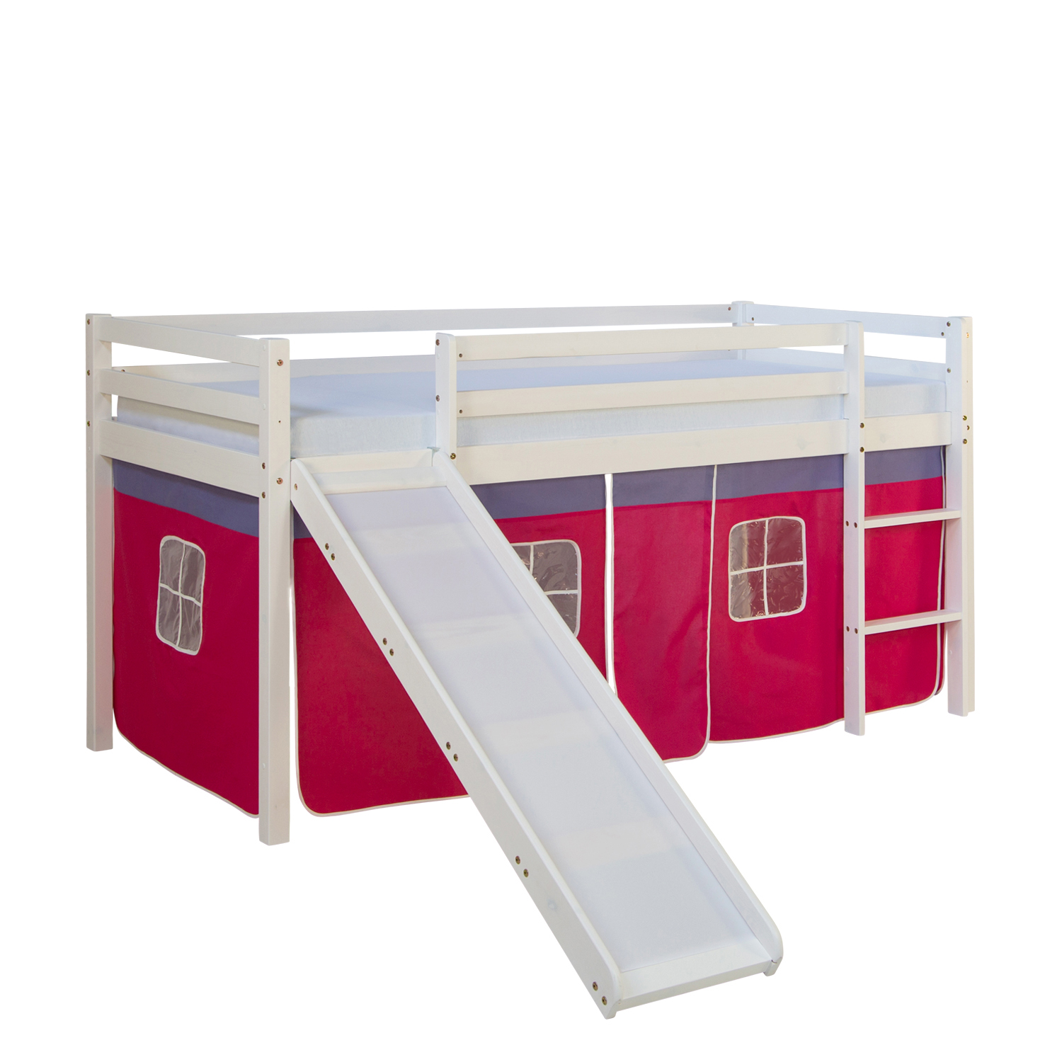 Lits superposé 90x200 cm avec Toboggan Matelas Lit mezzanine en Bois Pin Massif Rideau Rose Sommier à lattes