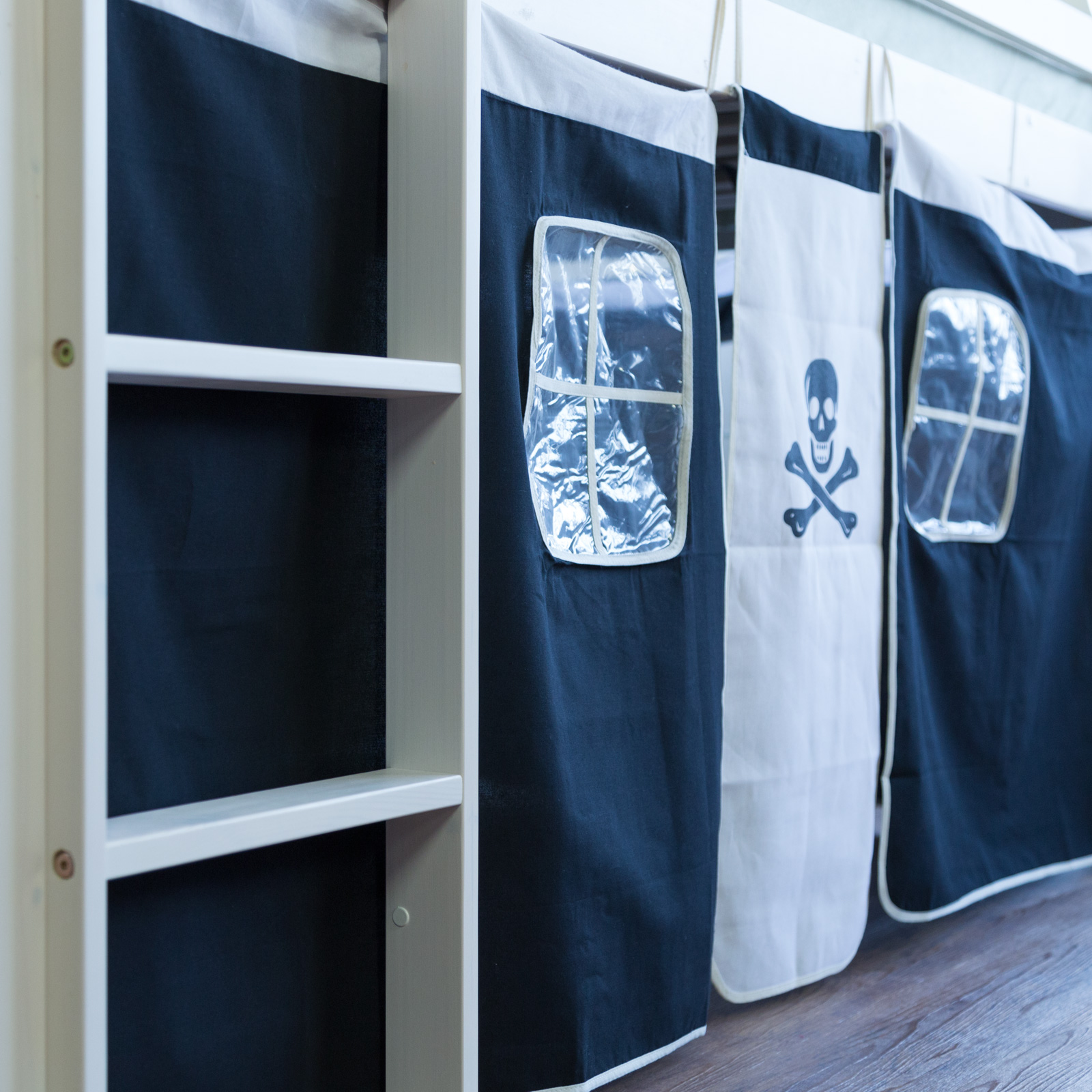 Loft Bed Kids 90x200 cm White with Curtain in Black | Tunnel | without Slatted Frame Loft Bed Kids 90x200 cm White with Curtain Black | without Slatted Frame