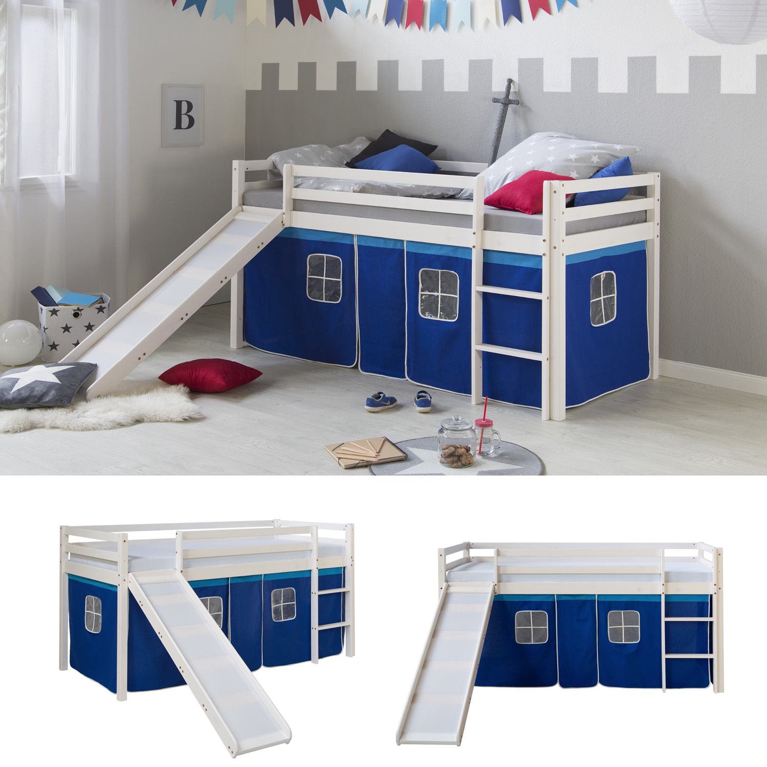 Loft Bed Kids 90x200 cm White with Curtain in Blue | Slide | without Slatted Frame Loft Bed Kids 90x200 cm White with Curtain in Blue | Slide | without Slatted Frame