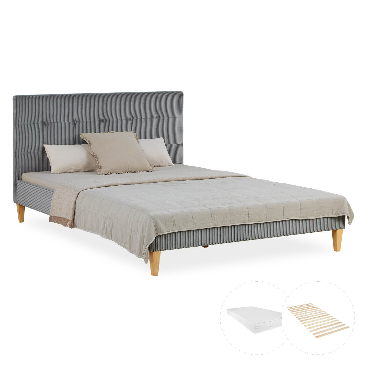 Lit 2 Places 140x200 cm avec Matelas Lit double Lit Rembourré Tissu Cordon Gris Cadre de Lit Adulte Sommier à Lattes 