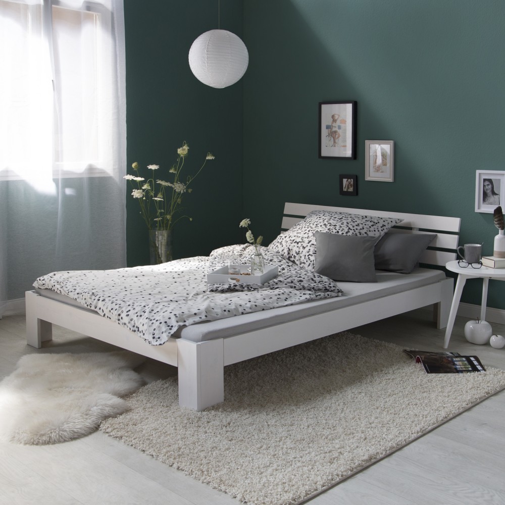 Wood Bed 160x200 cm White | Double Bed | with Slatted Frame | Solid | Kids Youth Guest Bedroom