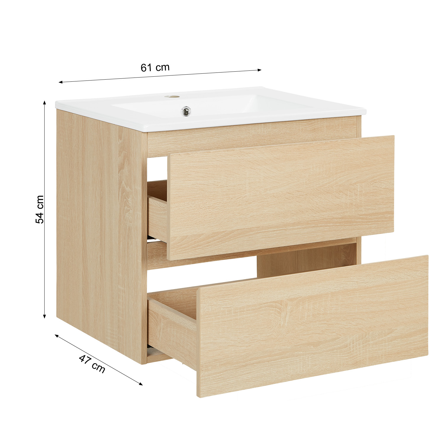 Meuble salle de bain Meuble vasque 60 cm Bois Chêne Naturelle Rangement Meuble lavabo Plan vasque Console de salle de bain