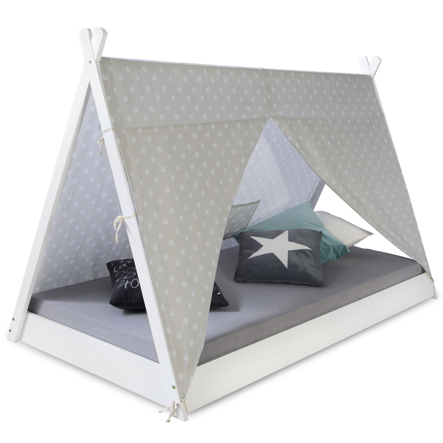 Children's Bed 90x200 cm White Gray Fabric | Tent Bed | Single Bed | with Slatted Frame | Wood