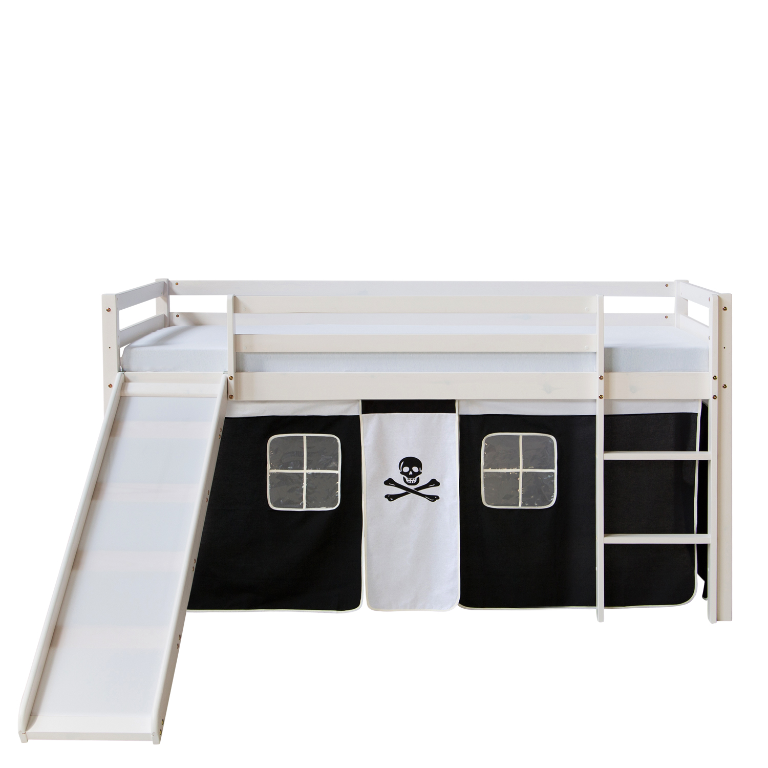Loft Bed Kids 90x200 cm White with Curtain in Black | Slide | without Slatted Frame Loftbed 90x200 cm with Slide Mattress Bunk bed Childrens bed Solid Pine Wood Slats Curtain Black Pirate