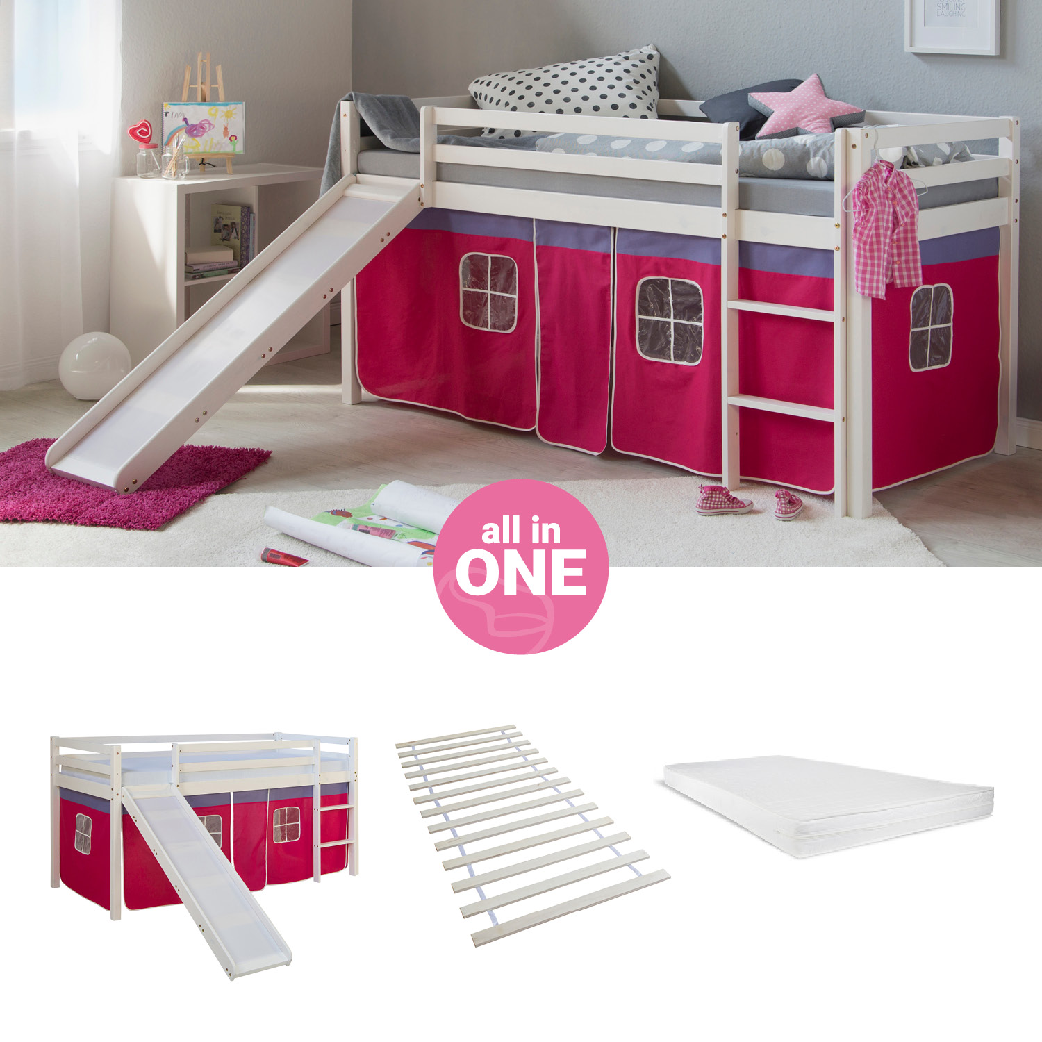 Hochbett mit Matratze 90x200 cm Rutsche Stockbett Kinderbett Leiter Holz Kiefer Vorhang Pink Lattenrost Spielbett