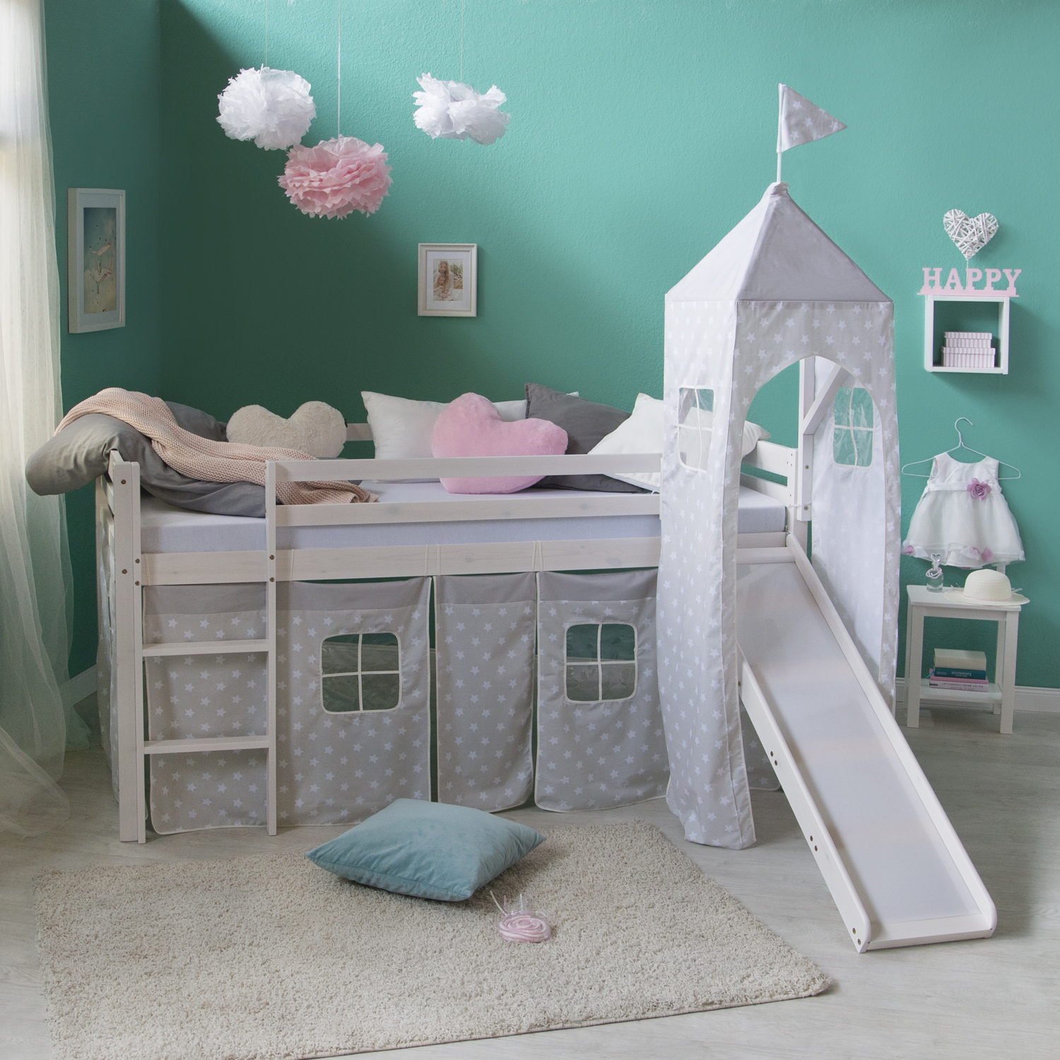 Loft Bed Kids 90x200 cm White with Curtain Stars | Tower | Slide | without Slatted Frame