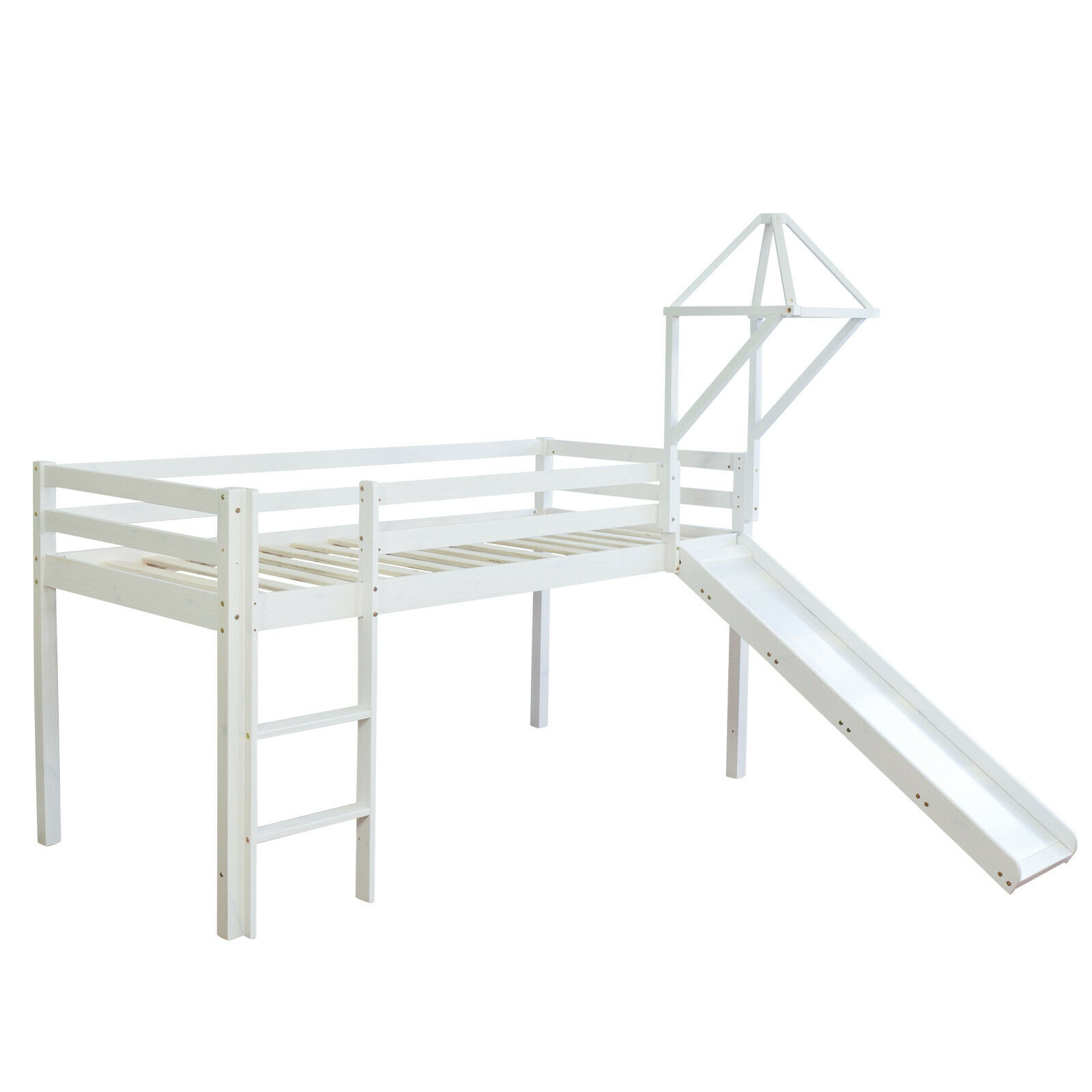 Loft Bed Kids 90x200 cm White with Curtain in Blue | Tower | Slide | without Slatted Frame