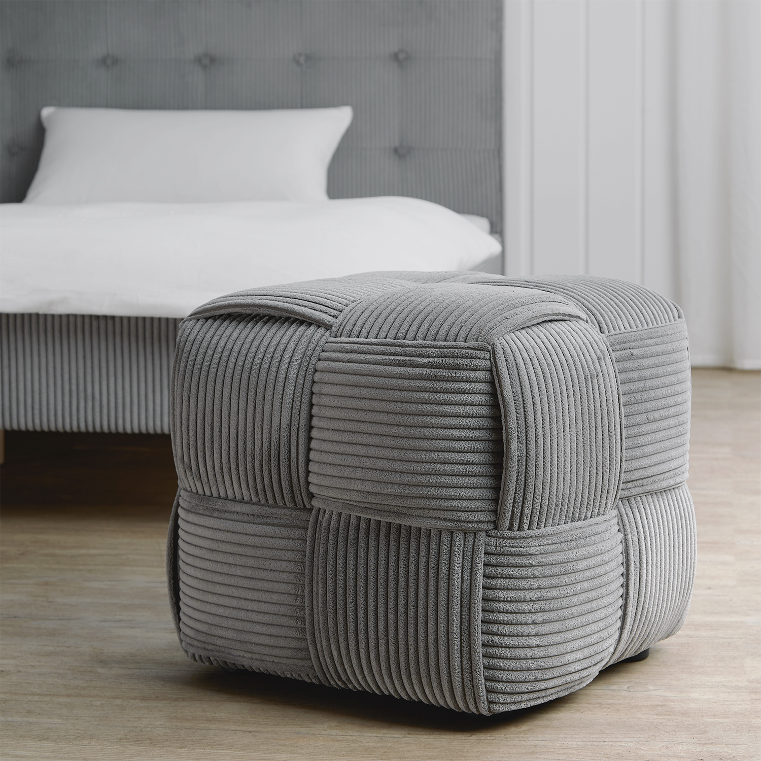 Pouf Tabouret rembourré Tissu Cordon Gris Pouf Salon Repose Pieds Siège Pouf carré Repose Jambes