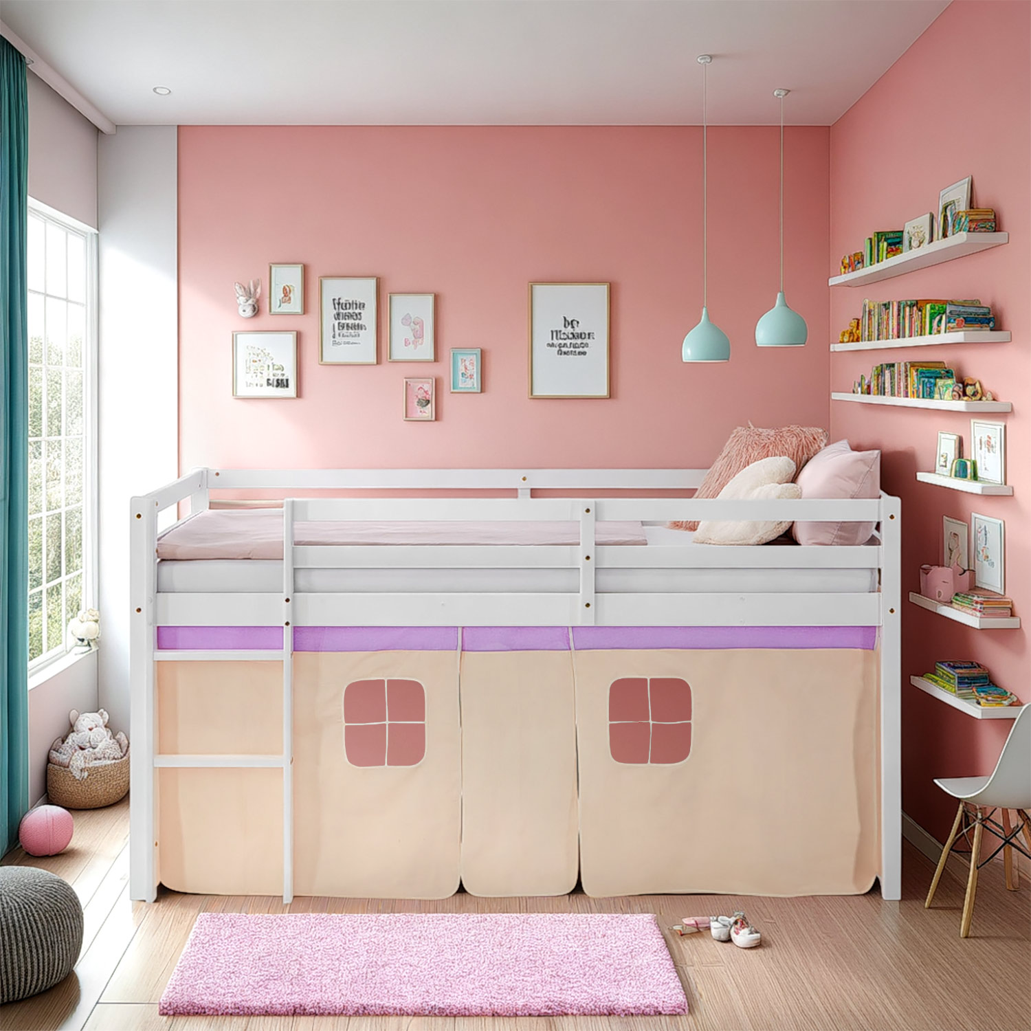 Loft Bed for Kids 90x200 cm White with Curtain in Lilac Beige | without Slatted Frame